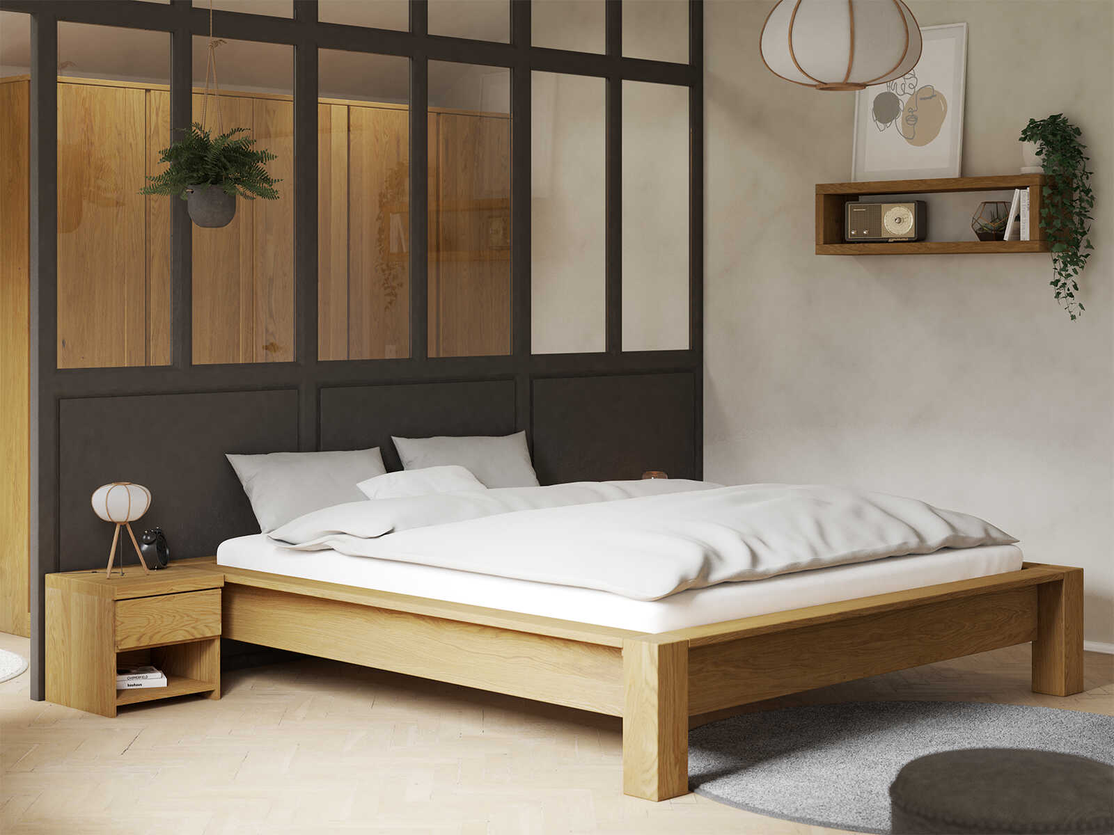 Schlafzimmer mit Eichenbett „Ina“ in 180 x 200 cm