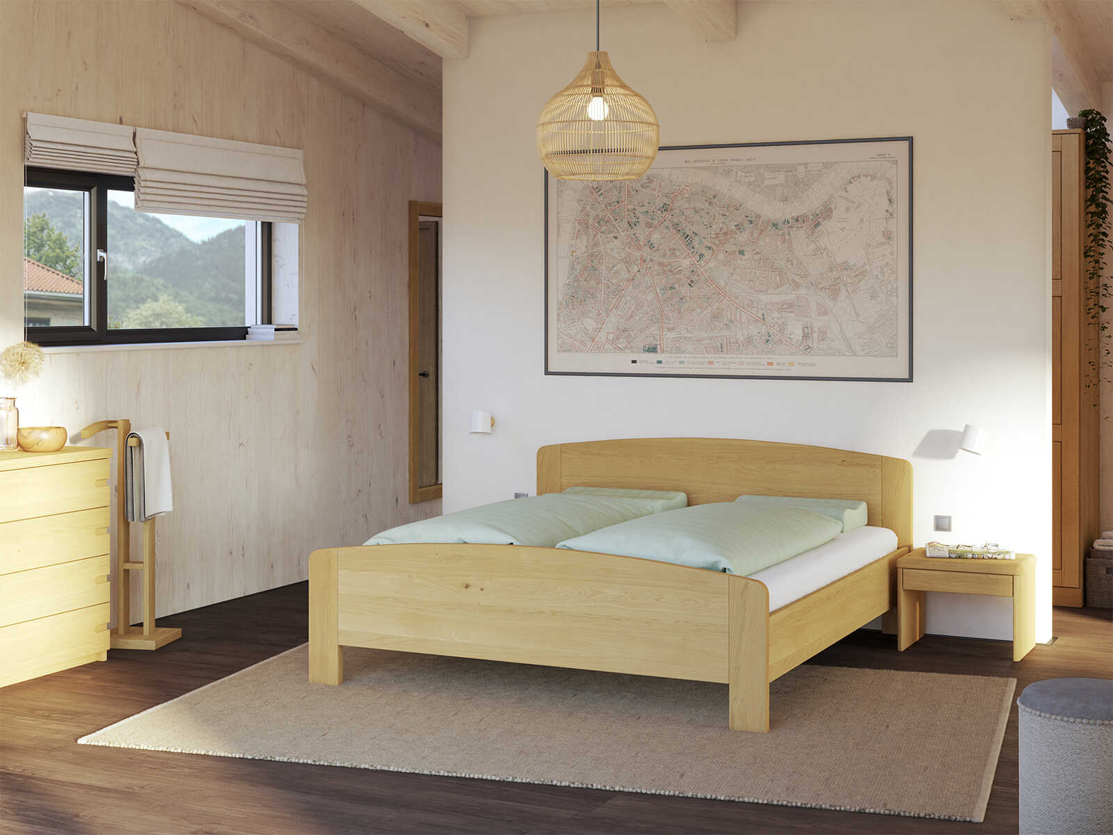 Schlafzimmer mit Bett „Kerstin“ aus Eiche Hell in 180 x 200 cm, mit niedrigem runden Fußteil und ohne Gravur