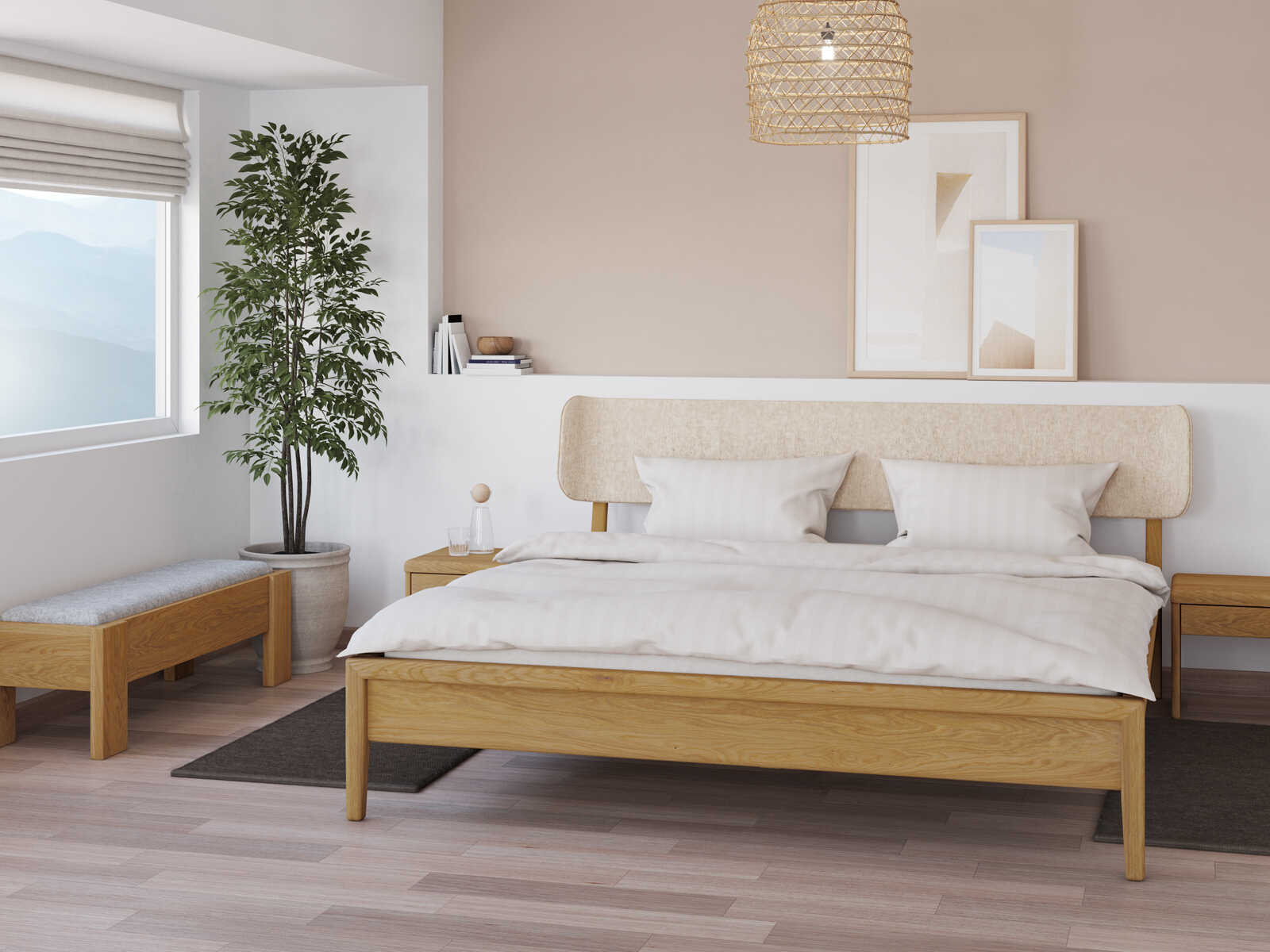 Schlafzimmer mit Eichenbett „Konstantin“ in 180 x 200 cm, mit Kopfteil „geschwungen“ - Stoff: Schafschurwolle „Fischgrät“ in der Farbe Holunderblüte