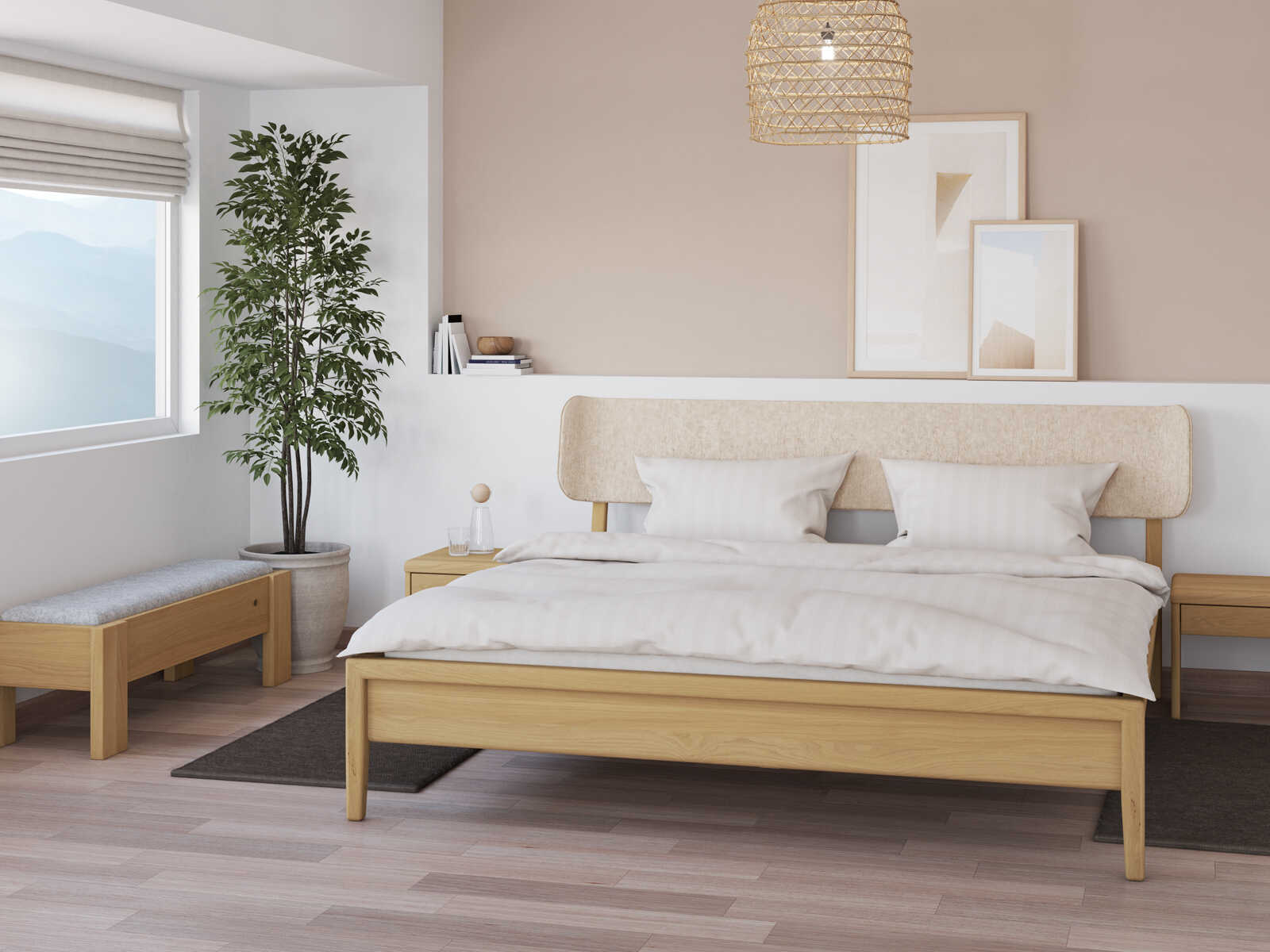 Schlafzimmer mit Eichenbett Hell „Konstantin“ in 180 x 200 cm, mit Kopfteil „geschwungen“ - Stoff: Schafschurwolle „Fischgrät“ in der Farbe Holunderblüte