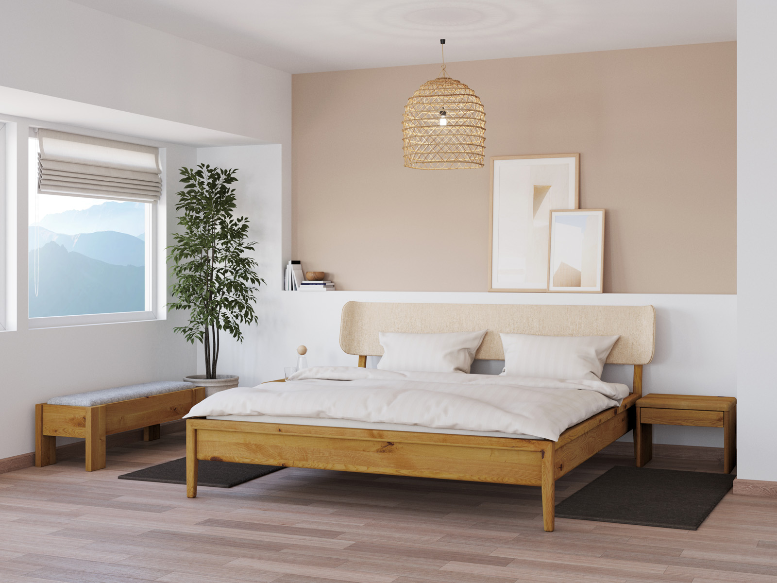 Schlafzimmer mit Wildeichenbett „Konstantin“ in 180 x 200 cm, mit Kopfteil „geschwungen“ - Stoff: Schafschurwolle „Fischgrät“ in der Farbe Holunderblüte