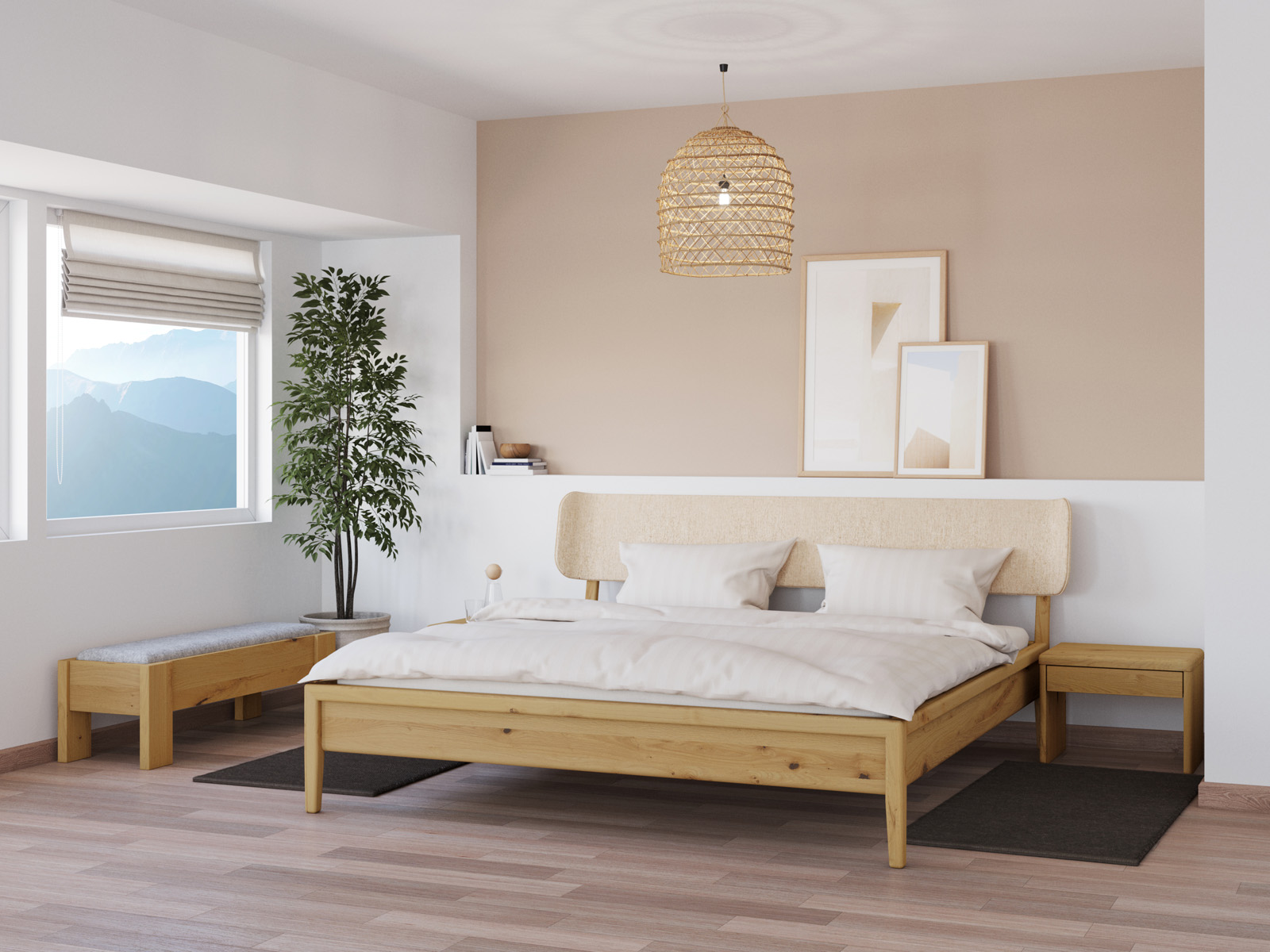 Schlafzimmer mit Wildeichenbett Hell „Konstantin“ in 180 x 200 cm, mit Kopfteil „geschwungen“ - Stoff: Schafschurwolle „Fischgrät“ in der Farbe Holunderblüte