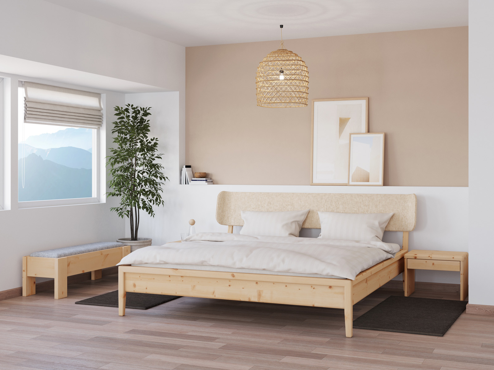 Schlafzimmer mit Zirbenbett „Konstantin“ in 180 x 200 cm, mit Kopfteil „geschwungen“ - Stoff: Schafschurwolle „Fischgrät“ in der Farbe Holunderblüte