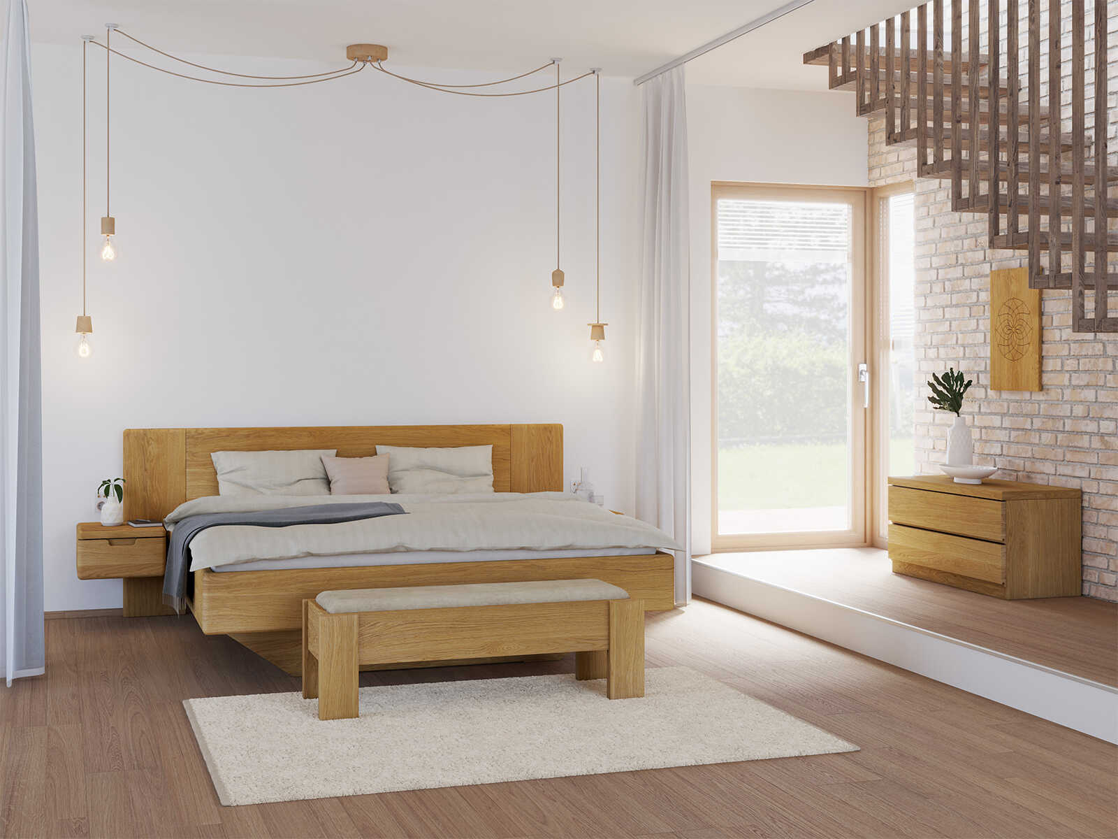 Schlafzimmer mit Bett „Leonie“ aus Eiche in 180 x 200 cm, mit zwei Nachttische (40 cm breit)