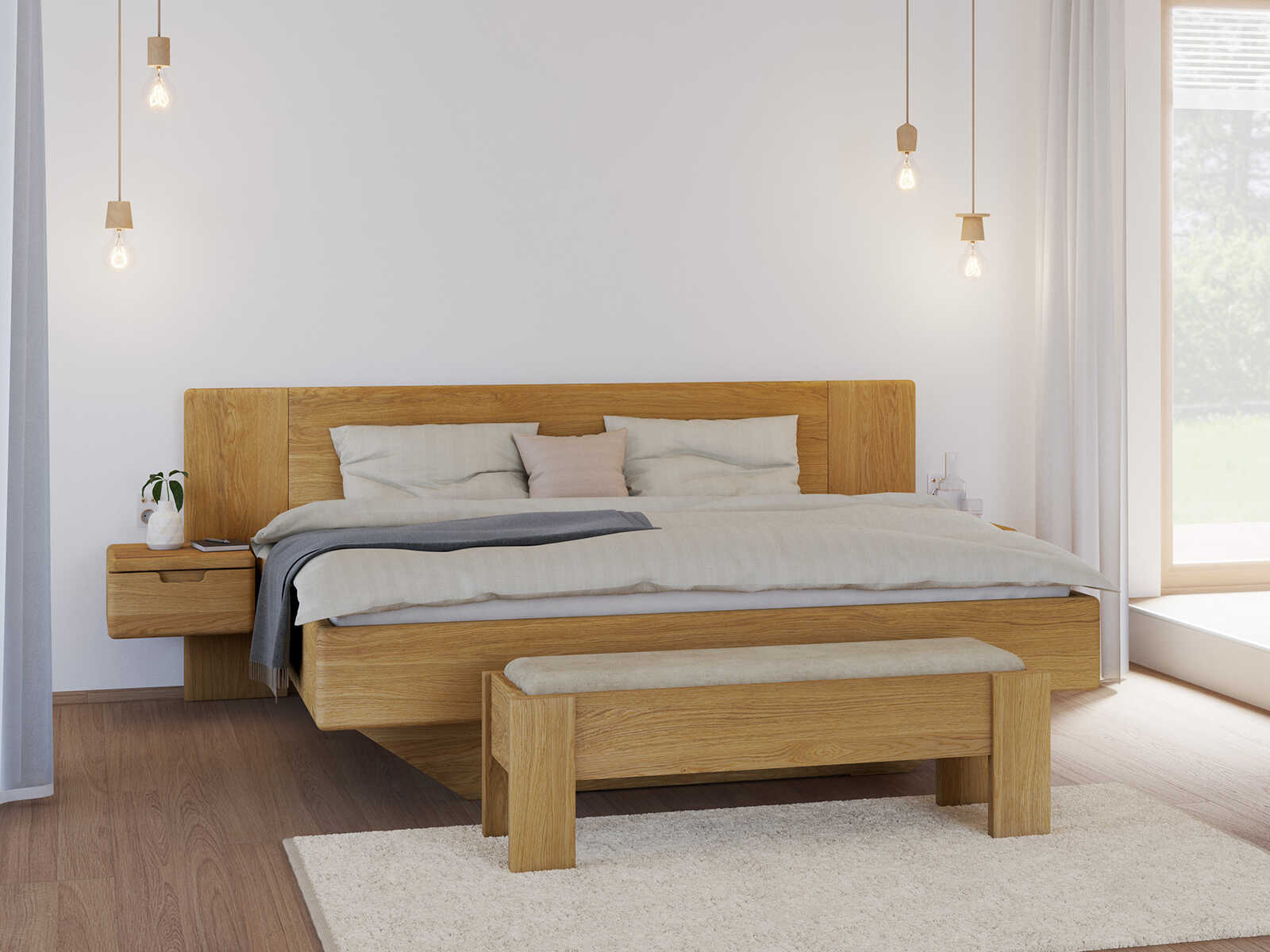 Bett „Leonie“ aus Eiche in 180 x 200 cm, mit zwei Nachttische (40 cm breit)
