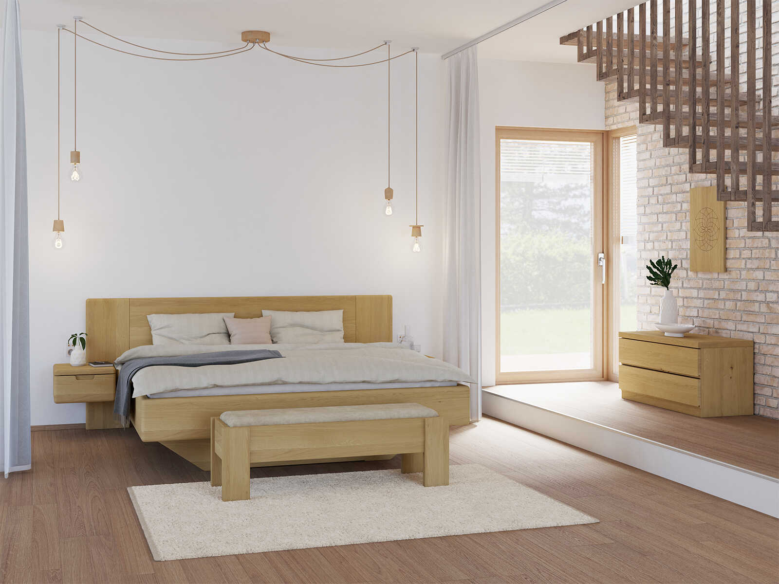 Schlafzimmer mit Bett „Leonie“ aus Eiche Hell in 180 x 200 cm, mit zwei Nachttische (40 cm breit)