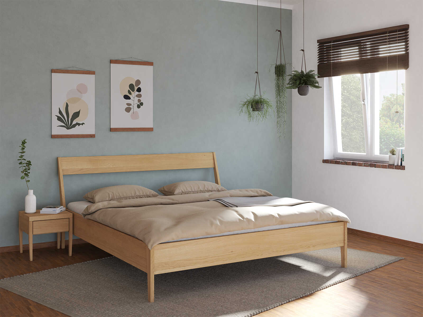 Schlafzimmer mit Bett „Luisa“ aus Eiche Hell in 180 x 200 cm