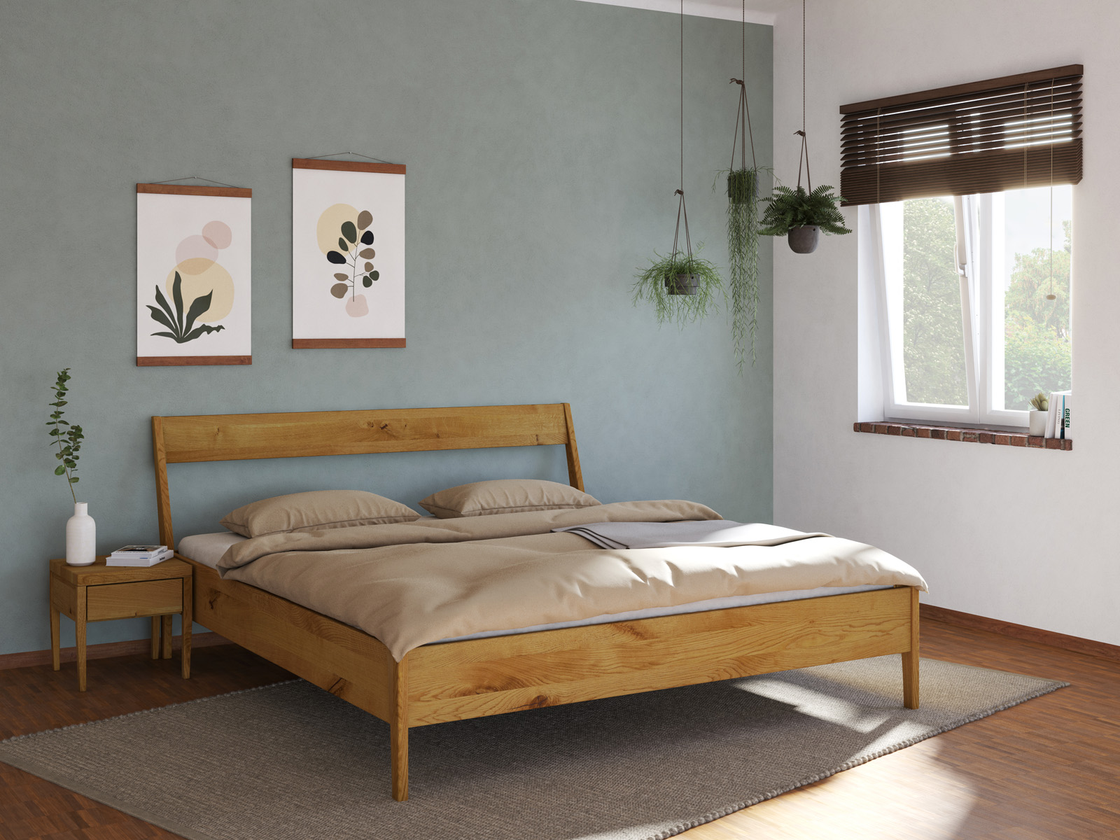 Schlafzimmer mit Bett „Luisa“ aus Wildeiche in 180 x 200 cm