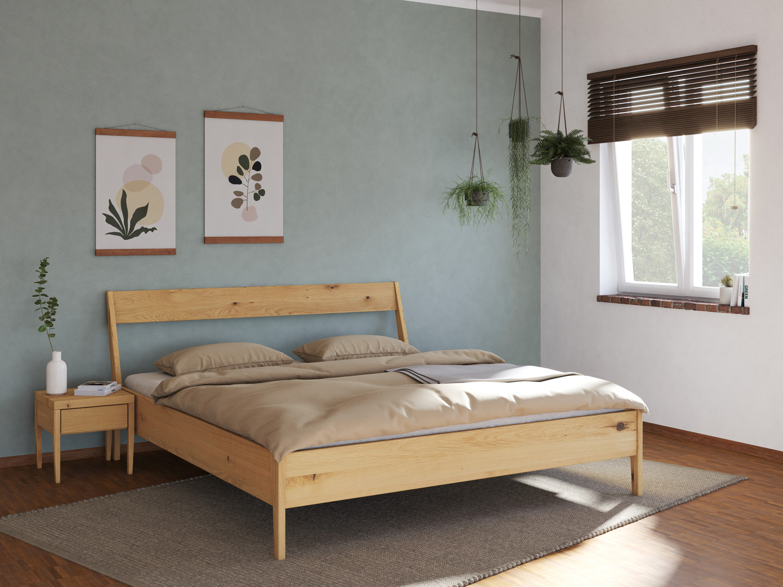 Schlafzimmer mit Bett „Luisa“ aus Wildeiche Hell in 180 x 200 cm