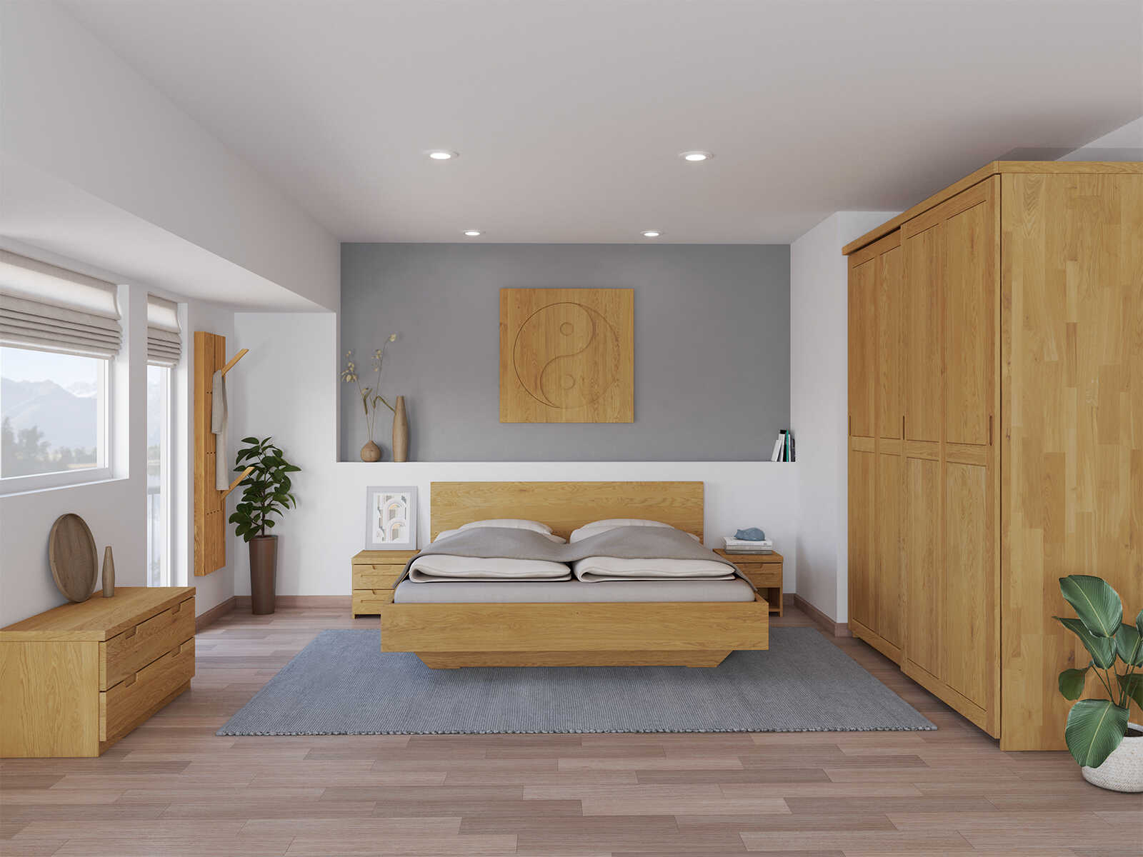 Schlafzimmer mit Bett „Lukas“ aus Eiche in 180 x 200 cm