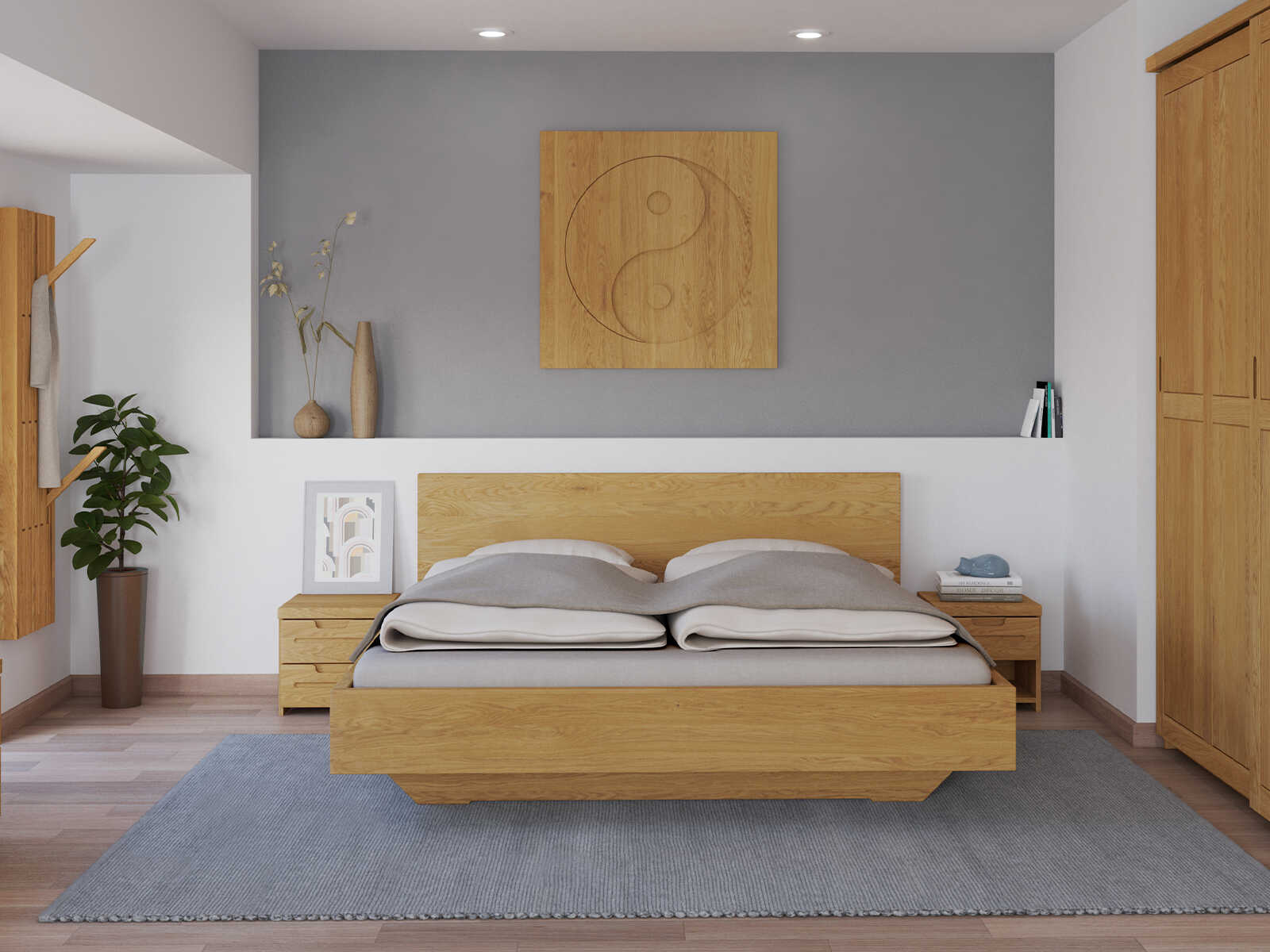 Schlafzimmer mit Wandbild „Yin Yang“ aus Eiche in 95 x 95 cm