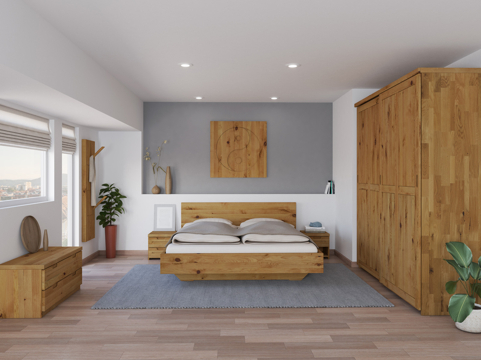 Schlafzimmer mit Bett „Lukas“ aus Wildeiche in 180 x 200 cm