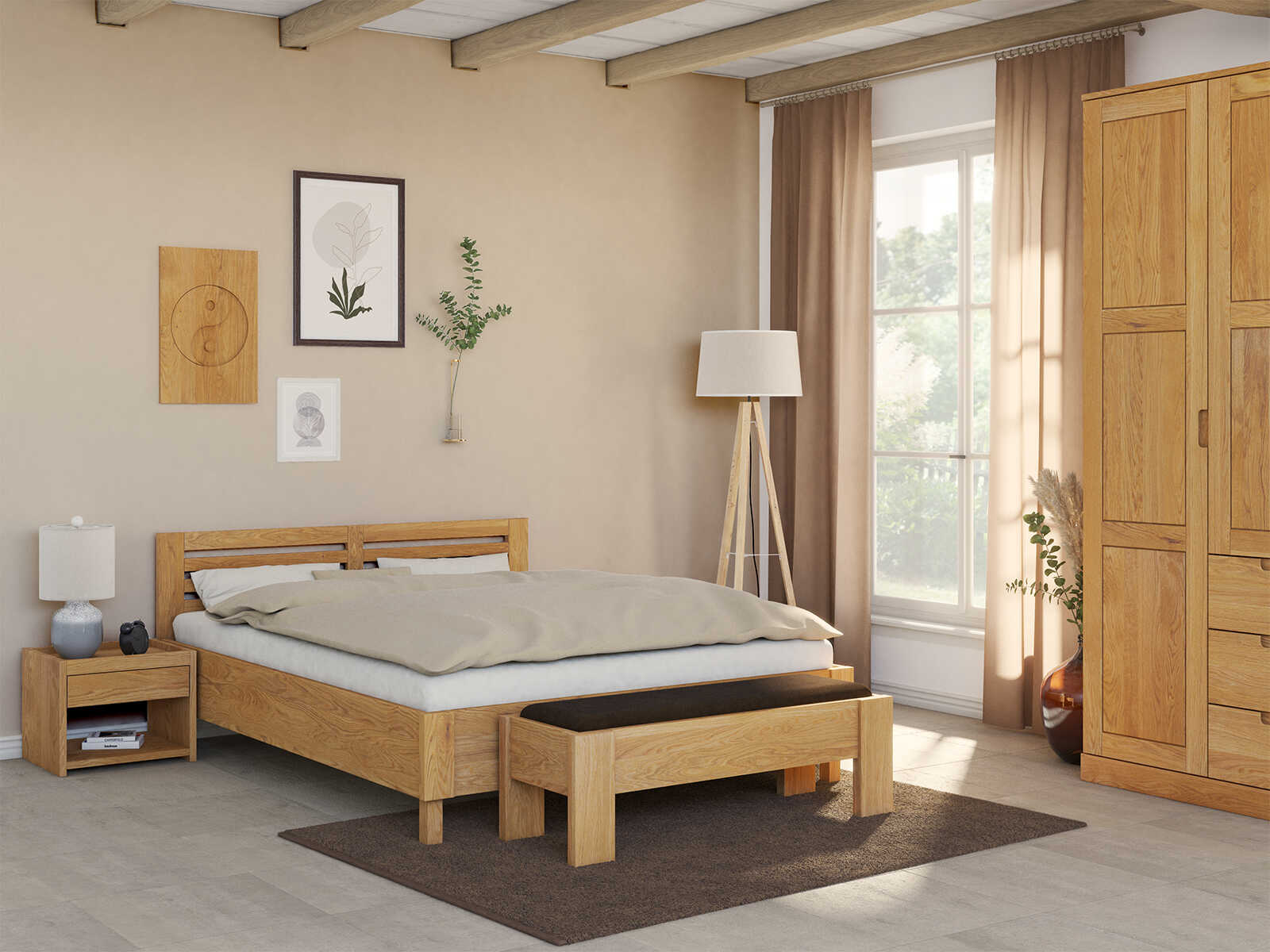 Schlafzimmer mit Nachttisch „Johann“ aus Massivholz in Standardhöhe