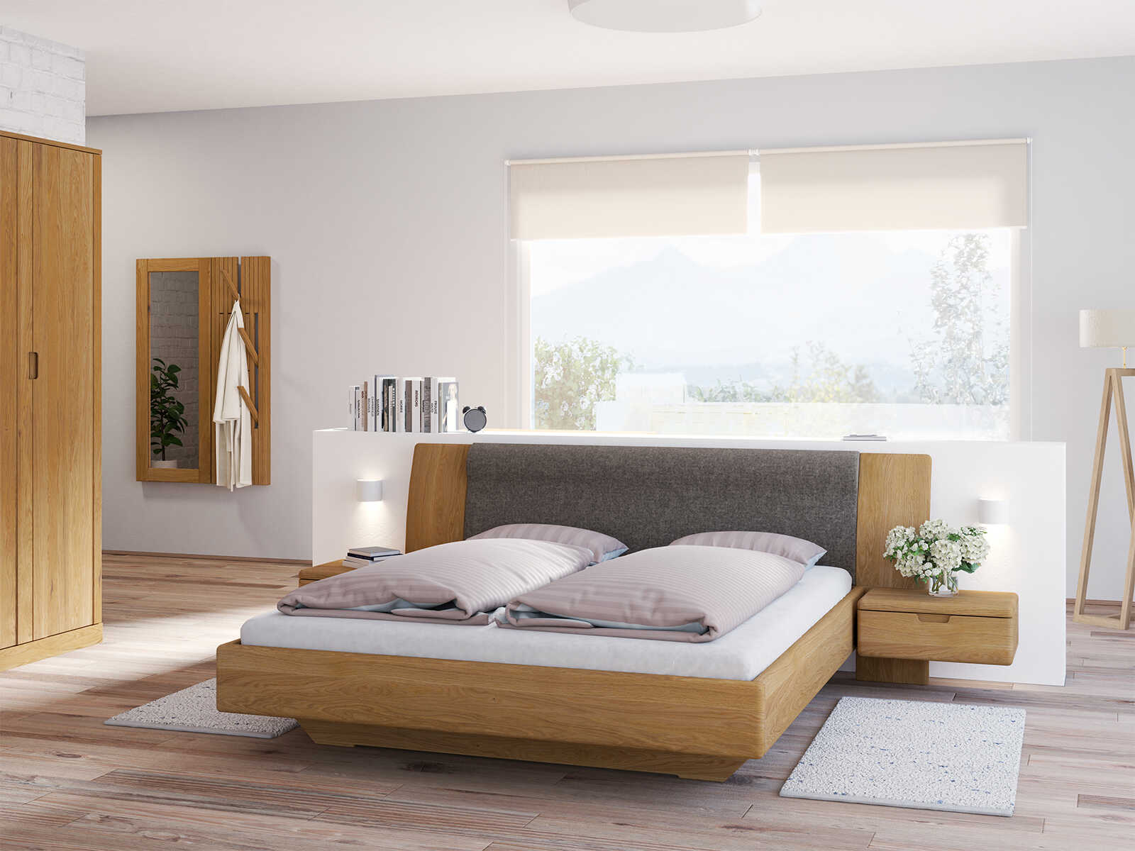 Schlafzimmer mit Eichenbett „Nadine“ in 180 x 200 cm, mit zwei Nachttischen (60 cm breit) und Polsterstoffkopfteil - Stoff: Leinen / Viskose von „Höpke“ in der Farbe Grau