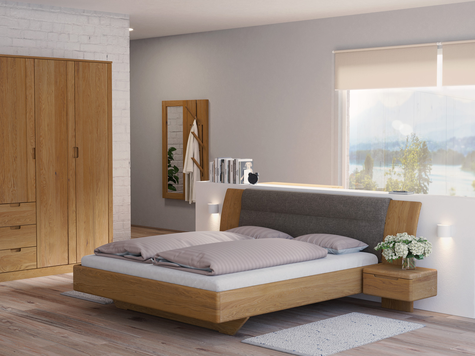 Schlafzimmer mit Eichenbett „Nadja“ in 180 x 200 cm, mit zwei Nachttischen (50 cm) - Stoff: Schafschurwolle „Fischgrät“ in der Farbe Grauer Mohn