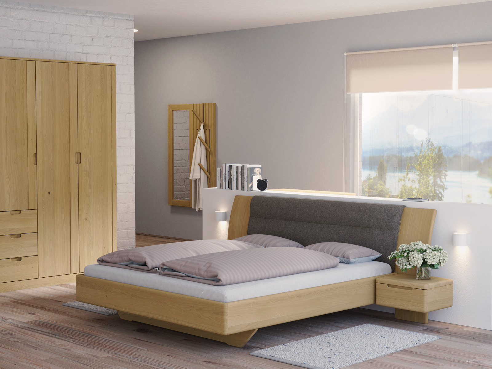 Schlafzimmer mit Eichenbett Hell „Nadja“ in 180 x 200 cm, mit zwei Nachttischen (50 cm) - Stoff: Schafschurwolle „Fischgrät“ in der Farbe Grauer Mohn