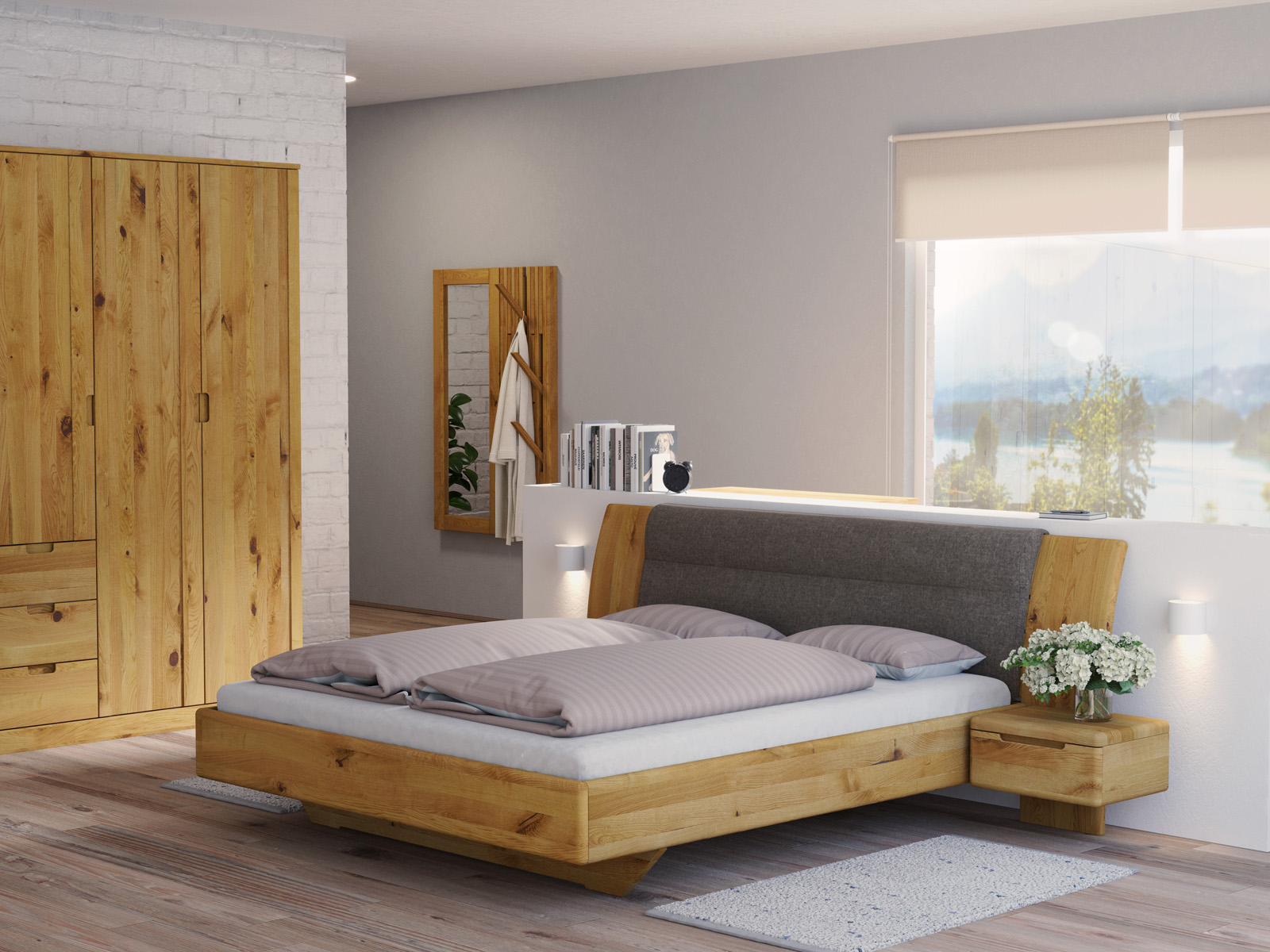 Schlafzimmer mit Wildeichenbett „Nadja“ in 180 x 200 cm, mit zwei Nachttischen (50 cm) - Stoff: Schafschurwolle „Fischgrät“ in der Farbe Grauer Mohn