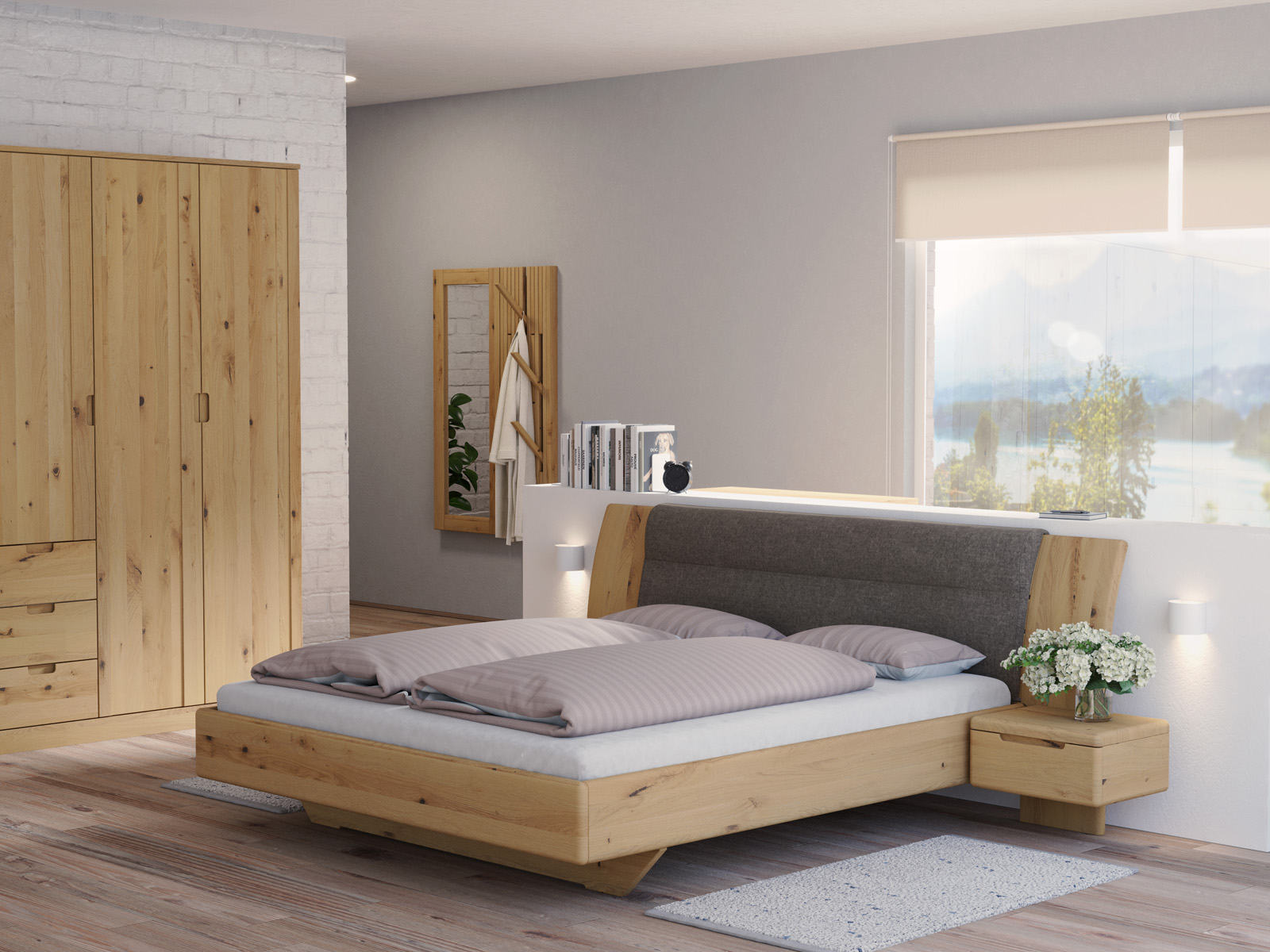 Schlafzimmer mit Wildeichenbett Hell „Nadja“ in 180 x 200 cm, mit zwei Nachttischen (50 cm) - Stoff: Schafschurwolle „Fischgrät“ in der Farbe Grauer Mohn