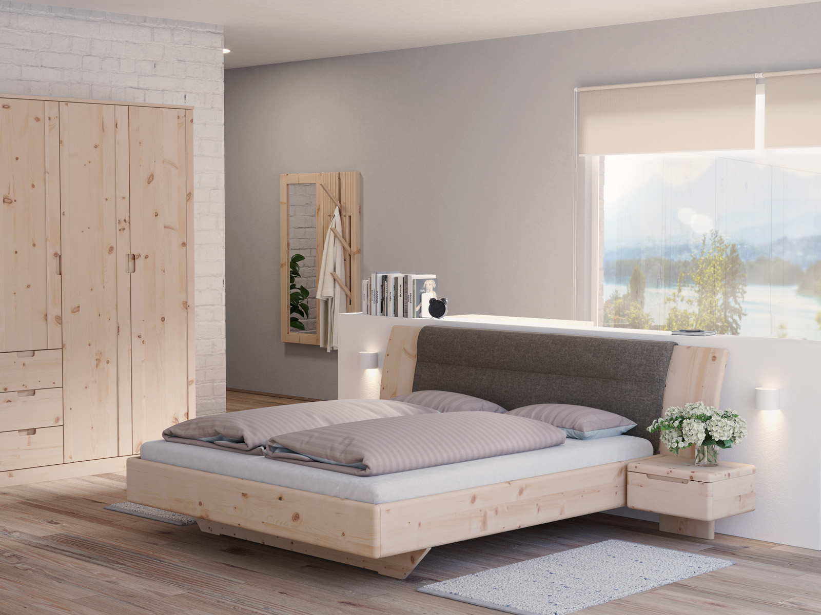 Schlafzimmer mit Zirbenbett „Nadja“ in 180 x 200 cm, mit zwei Nachttischen (50 cm) - Stoff: Schafschurwolle „Fischgrät“ in der Farbe Grauer Mohn