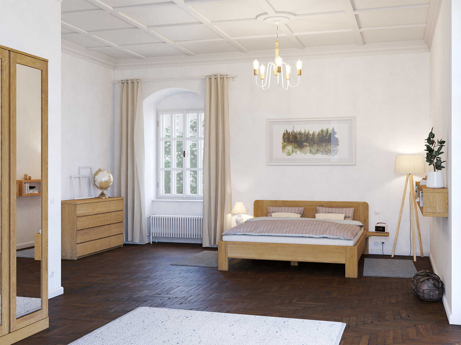 Schlafzimmer mit Eichenbett „Niklas“ in 180 x 200 cm, mit zwei Ablagen