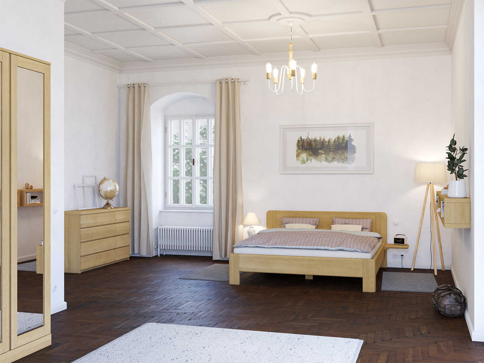 Schlafzimmer mit Eichenbett Hell „Niklas“ in 180 x 200 cm, mit zwei Ablagen