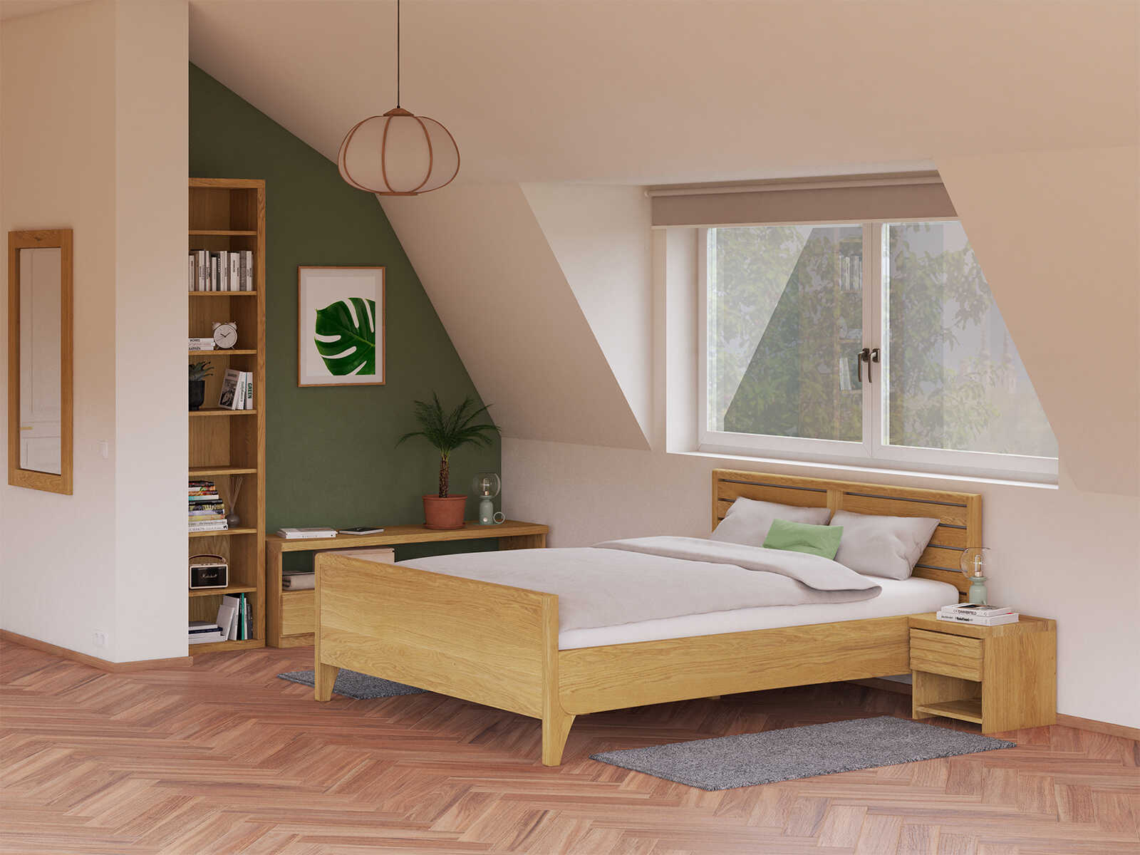 Schlafzimmer mit Eichenbett „Nina“ in 180 x 200 cm, mit erhöhtem Fußteil