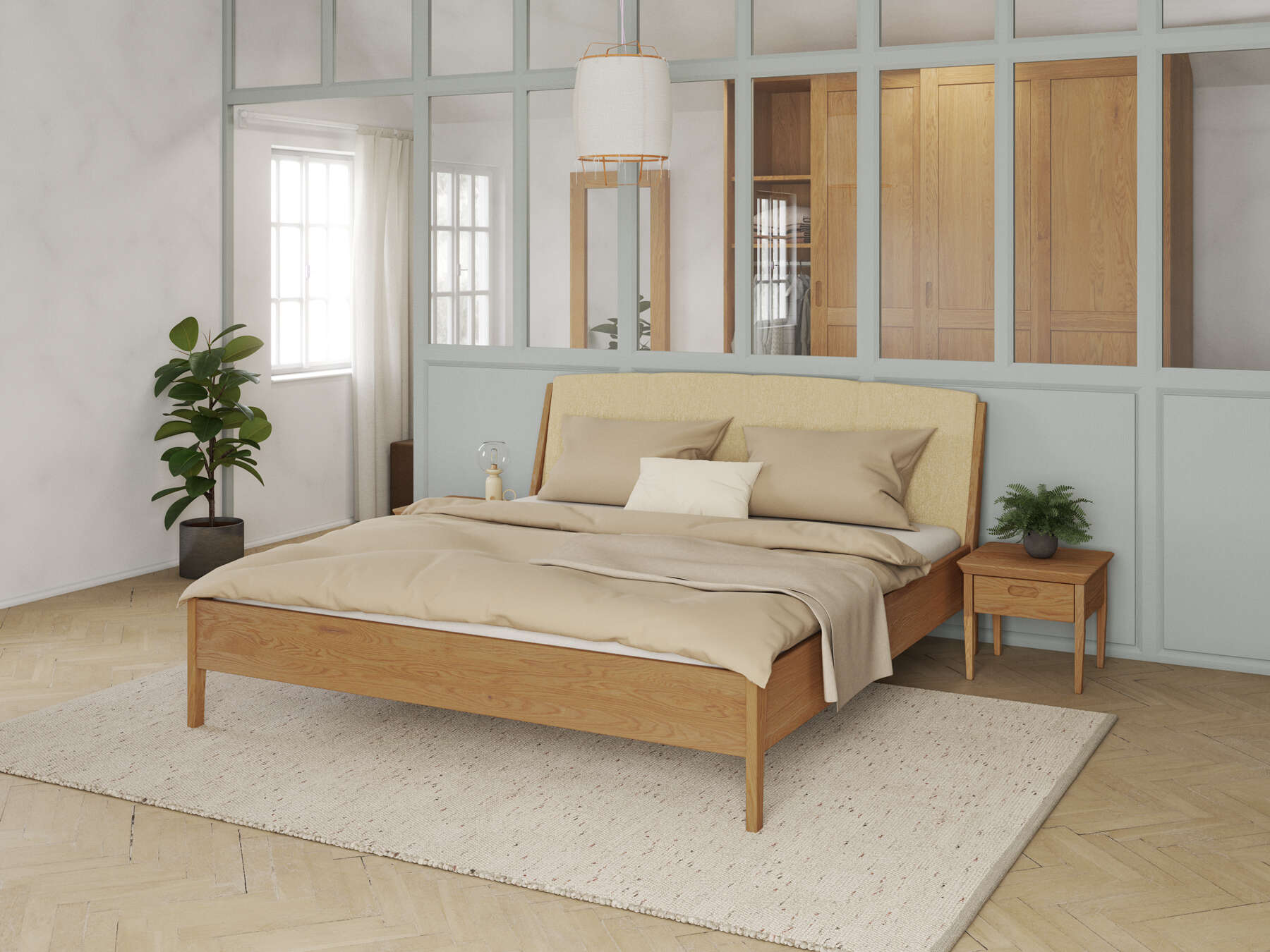 Schlafzimmer mit Eichenbett „Oliver“ in 180 x 200 cm, mit Kopfteil „genäht“ - Stoff: Schafschurwolle „Fischgrät“ in der Farbe Goldhirse