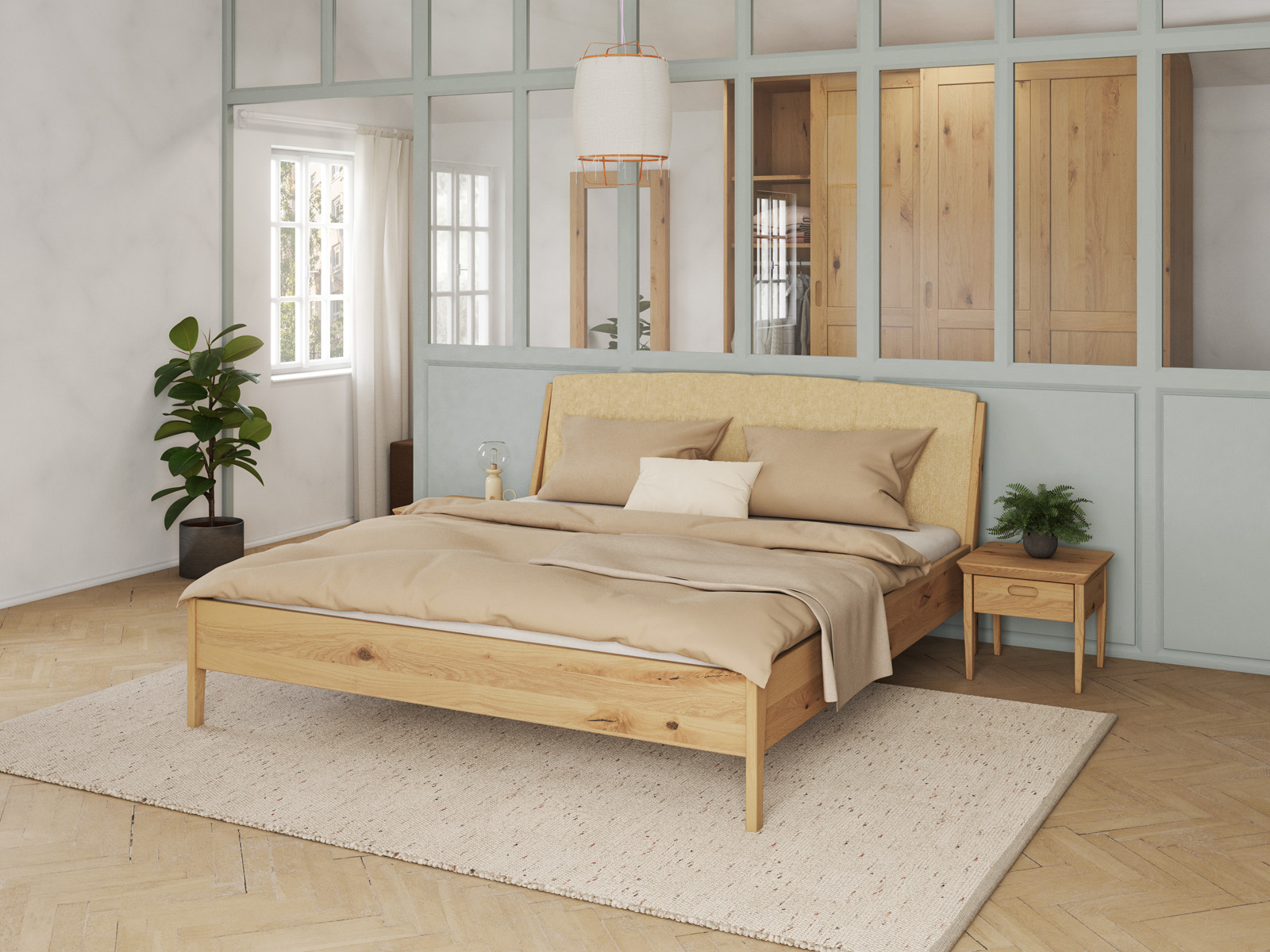 Schlafzimmer mit Wildeichenbett Hell „Oliver“ in 180 x 200 cm, mit Kopfteil „genäht“ - Stoff: Schafschurwolle „Fischgrät“ in der Farbe Goldhirse