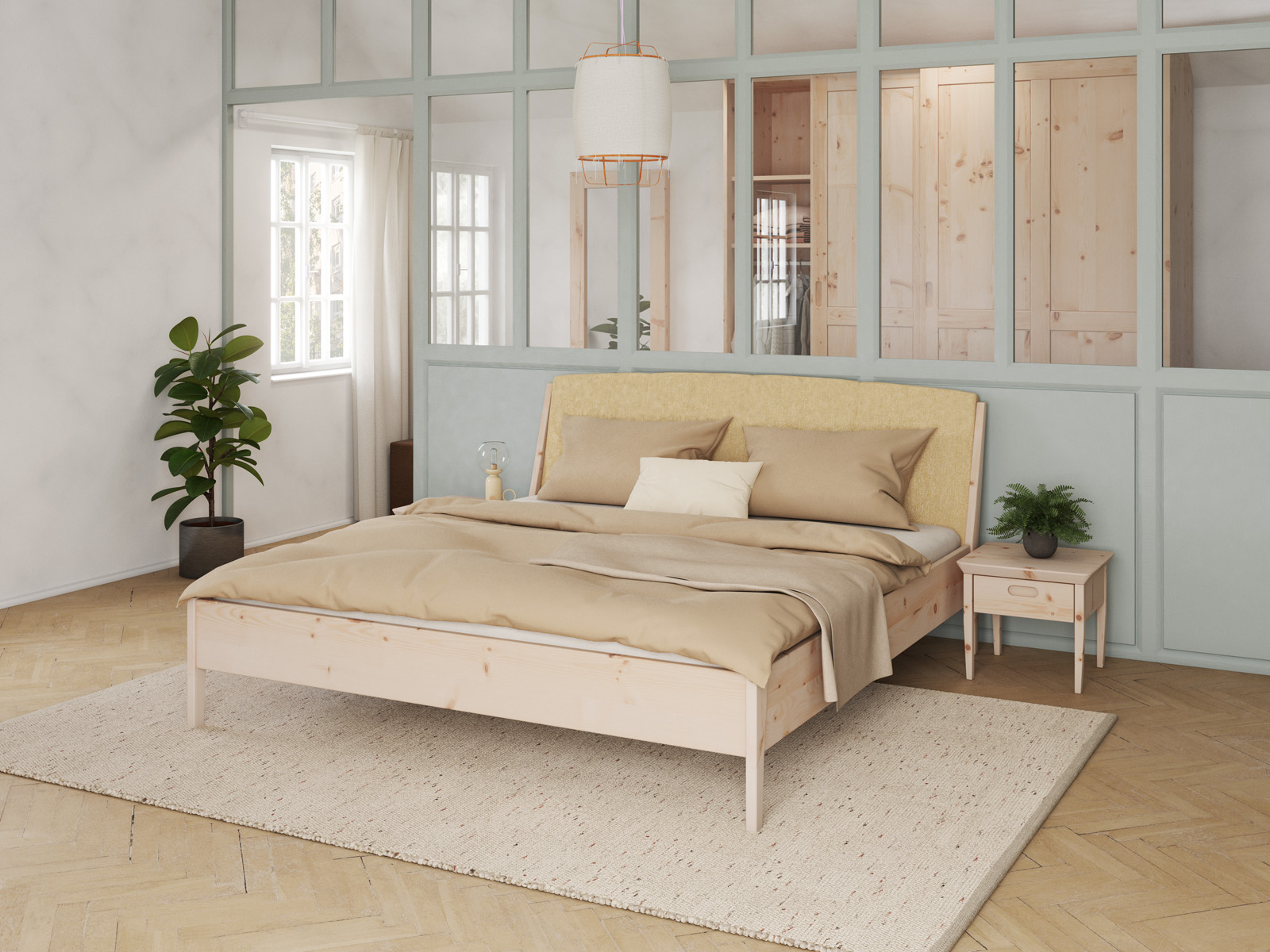 Schlafzimmer mit Zirbenbett „Oliver“ in 180 x 200 cm, mit Kopfteil „genäht“ - Stoff: Schafschurwolle „Fischgrät“ in der Farbe Goldhirse