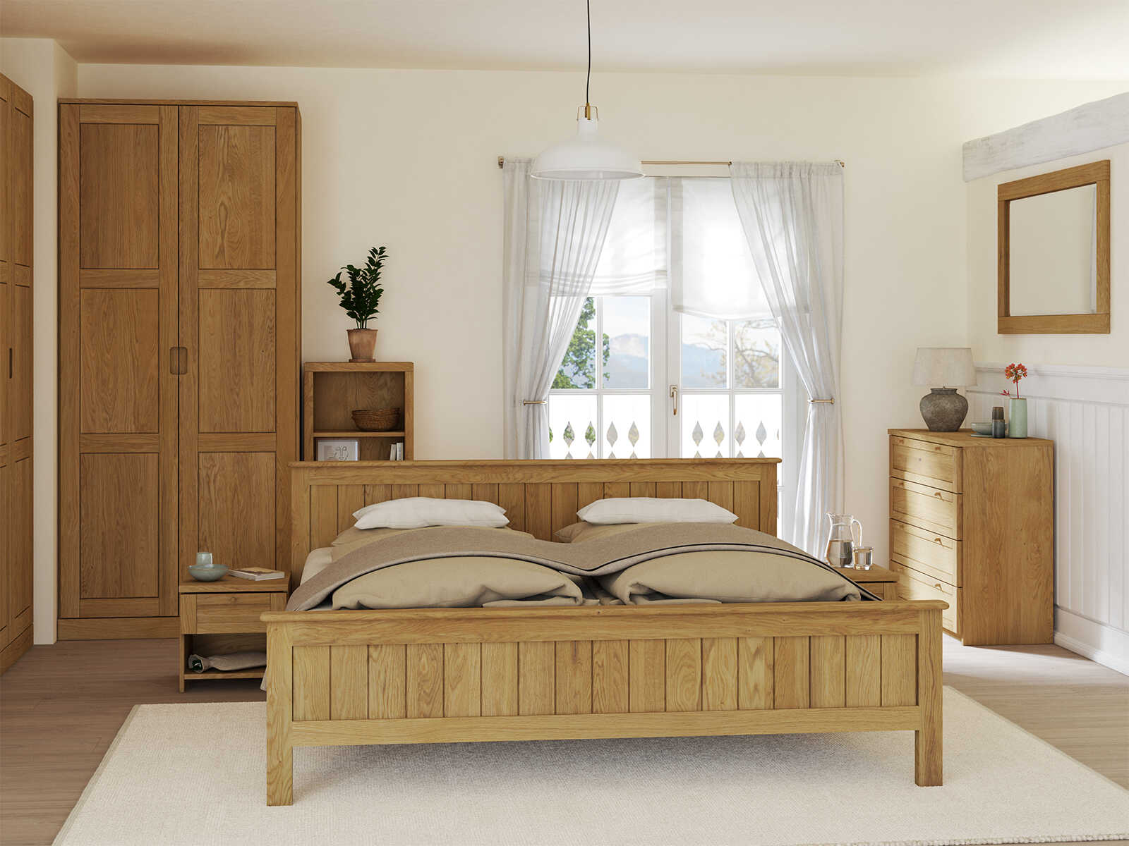 Schlafzimmer mit Nachtkästchen „Gerti“ aus Massivholz in Standardhöhe, mit einer Schublade