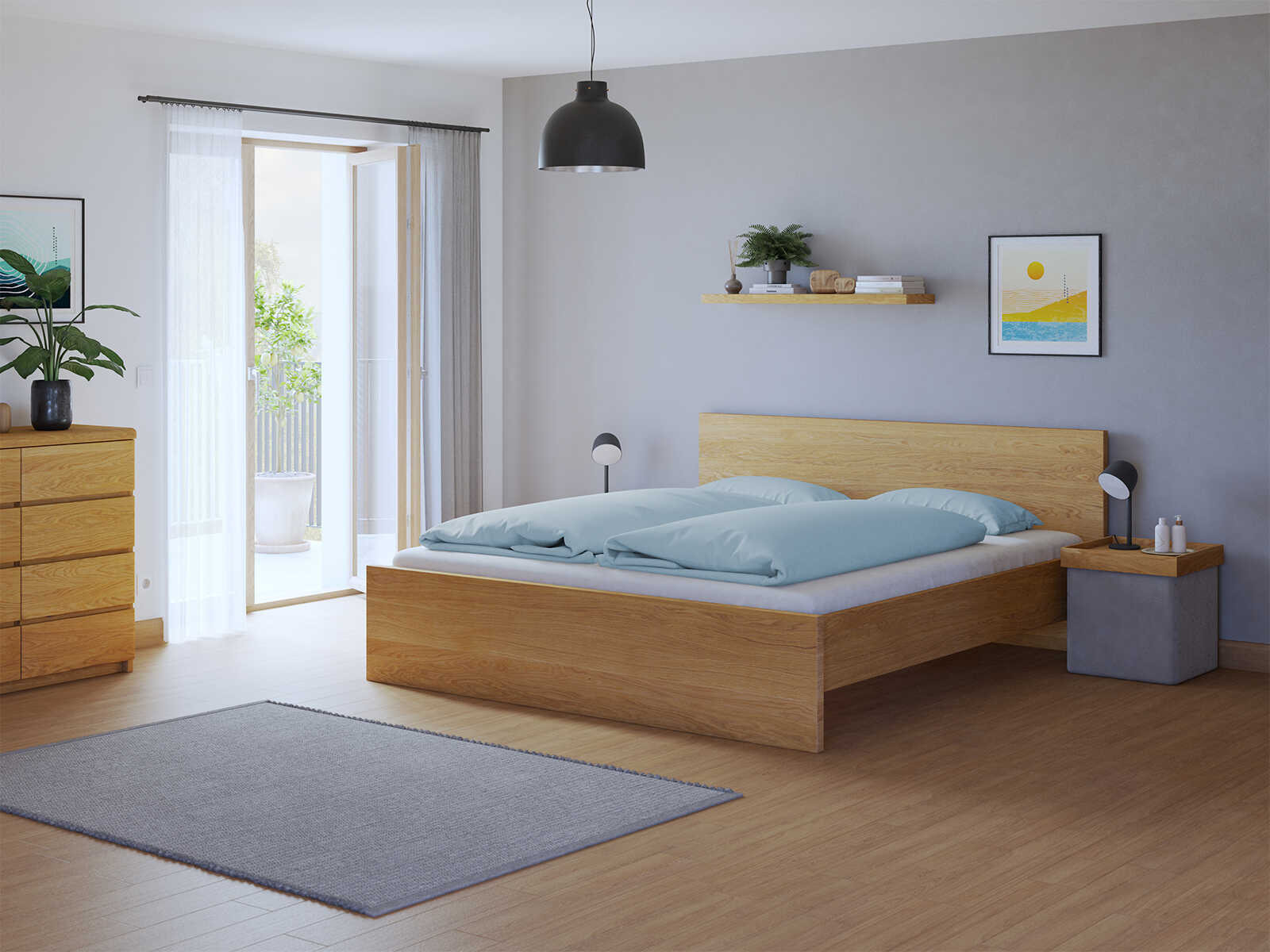 Schlafzimmer mit Bett „Raphaela“ aus Eiche in 180 x 200 cm, ohne erhöhtem Fußteil