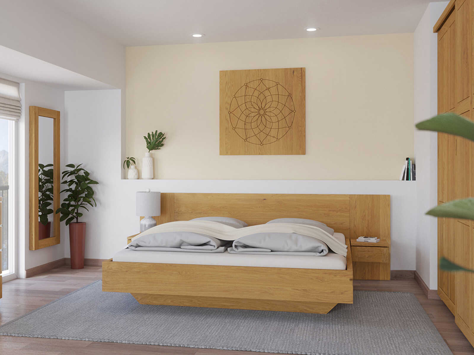 Bett „Susanne“ aus Massivholz in 180 x 200 cm, mit zwei Nachttische