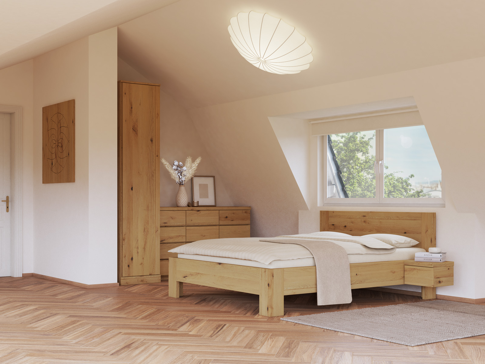 Schlafzimmer mit Wildeichenschrank Hell „Arnika“, 1-türig, Höhe 235 cm, Griffausführung „Patrizia“