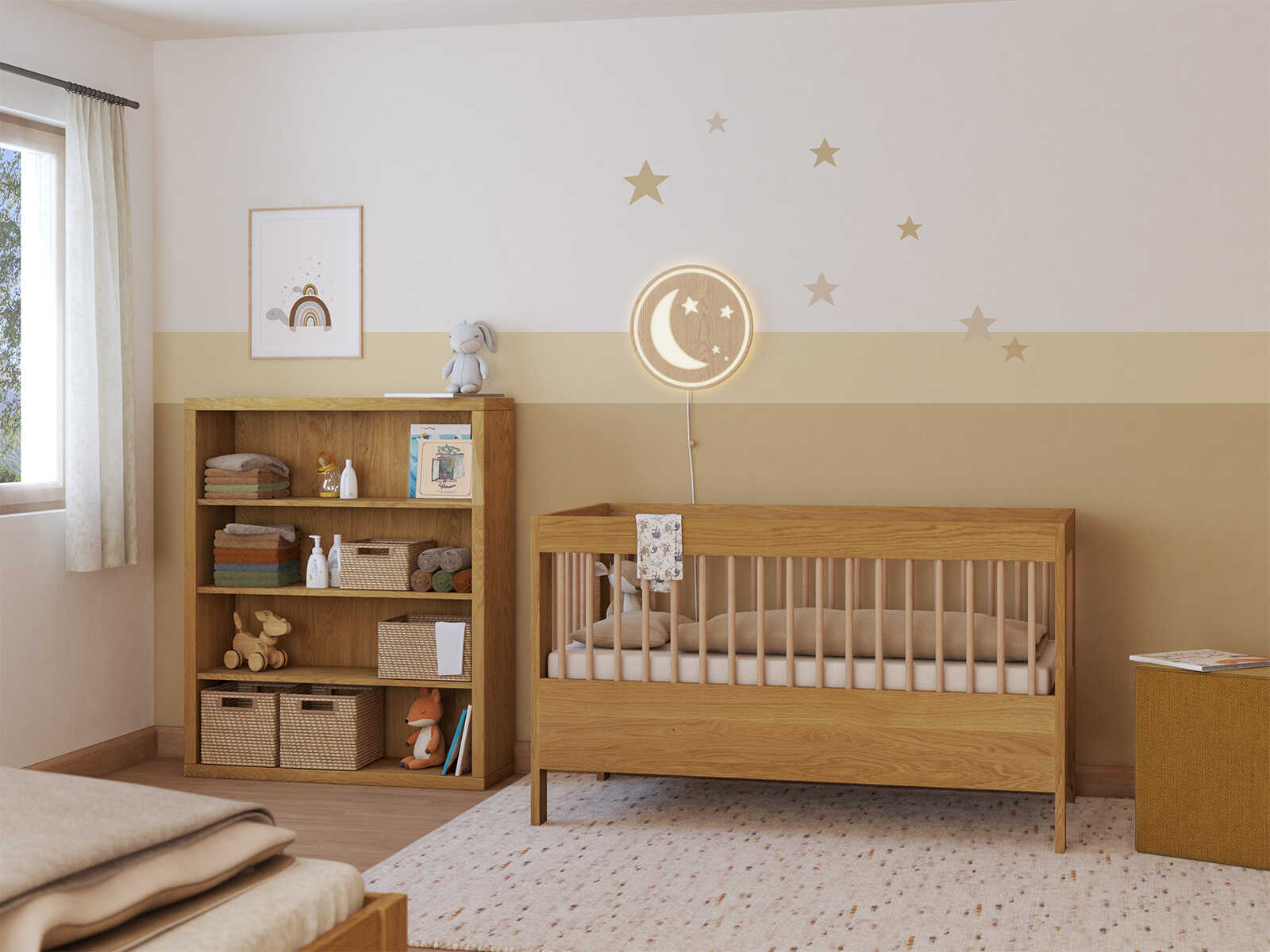 Kinderzimmer mit Eichenregal „Ingrid“ 100 cm, Höhe 120 cm