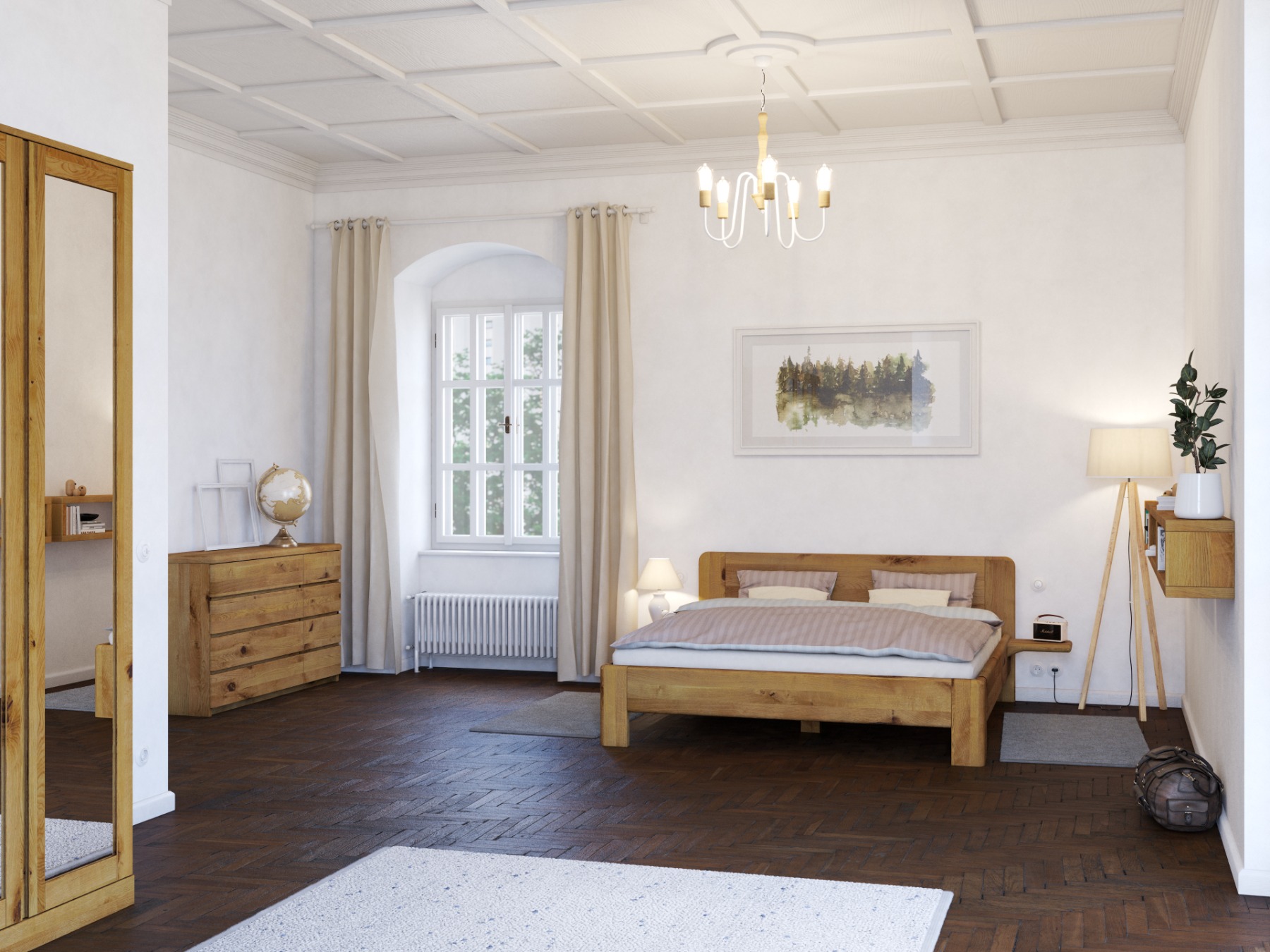 Schlafzimmer mit Wildeichenkommode „Niklas“ 150 cm mit großen Schubladen auf der linken Seite, kleine rechts