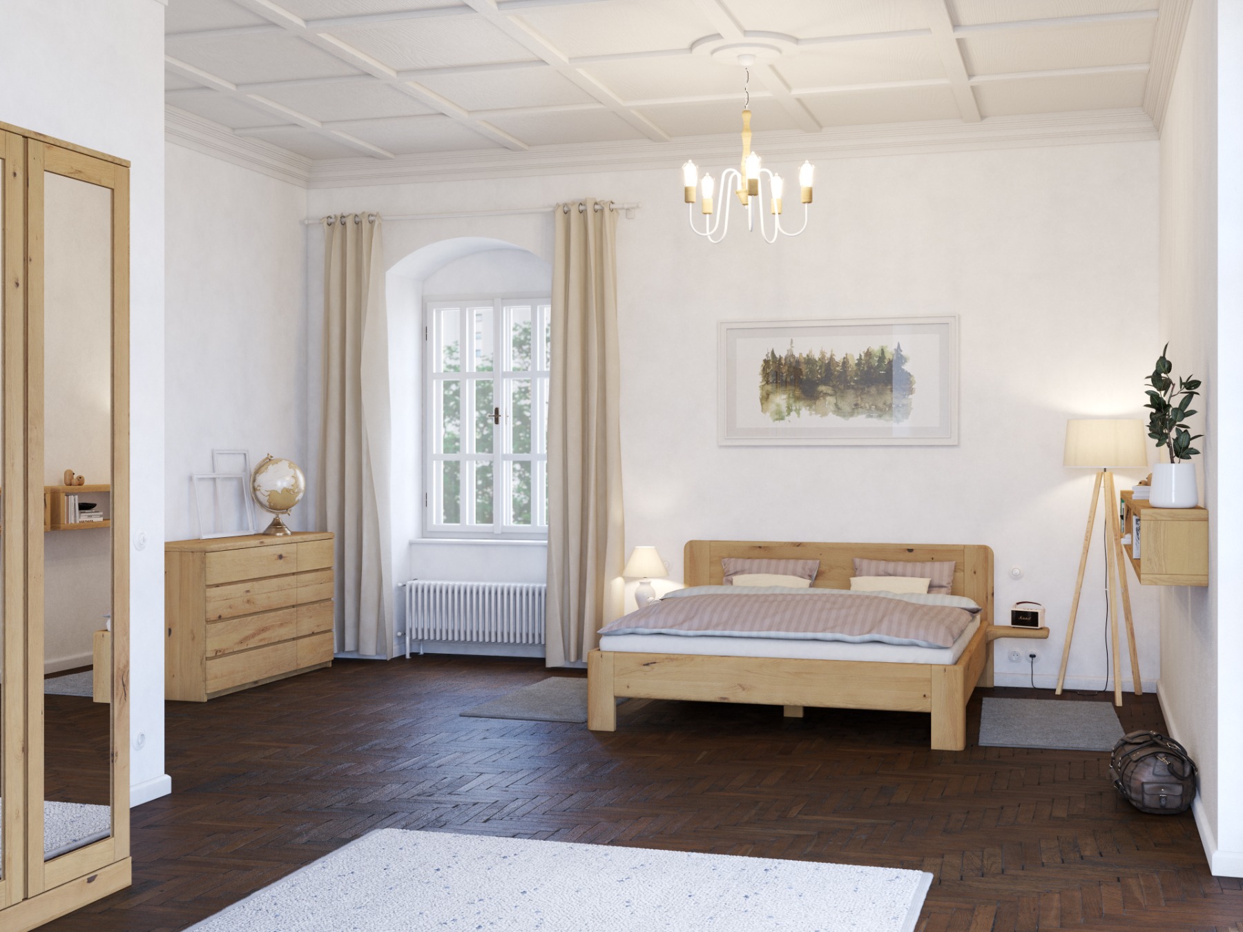 Schlafzimmer mit Wildeichenkommode Hell „Niklas“ 150 cm