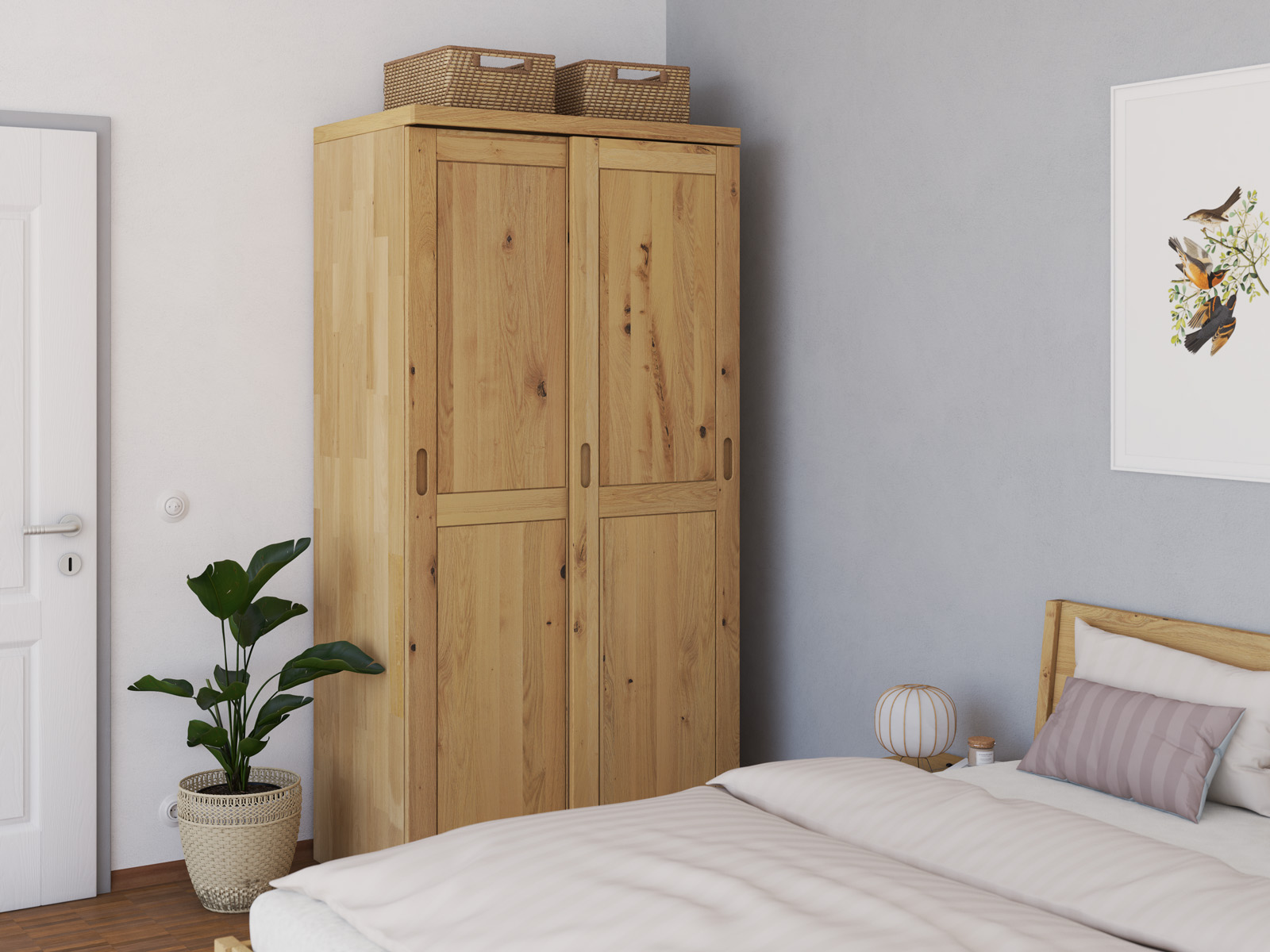 Schlafzimmer mit Schrank „Edelweiß" aus Wildeiche Hell, 2-türig schmal, Höhe 208 cm