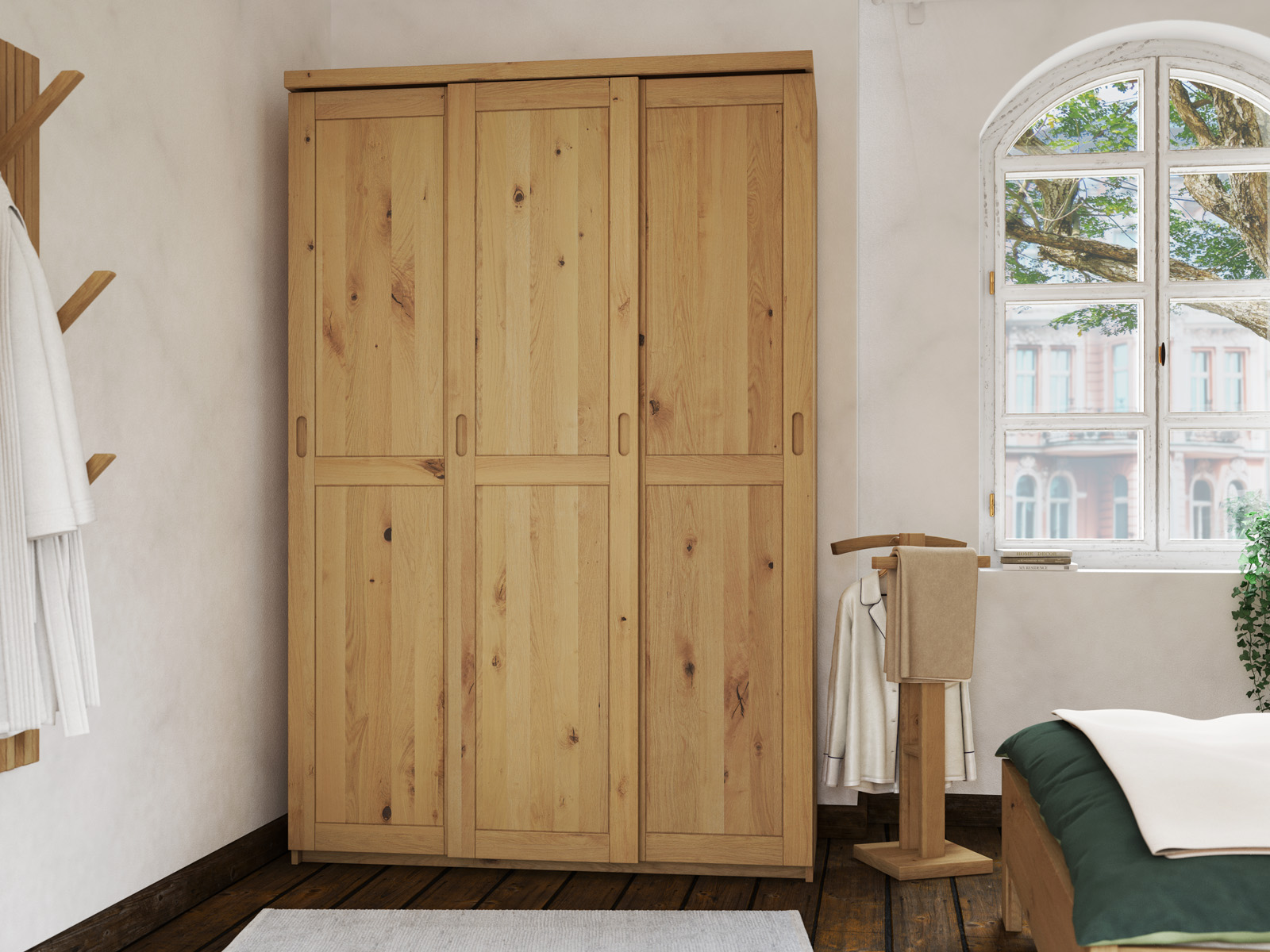Schlafzimmer mit Schrank „Edelweiß" aus Wildeiche Hell, 3-türig schmal, Höhe 208 cm