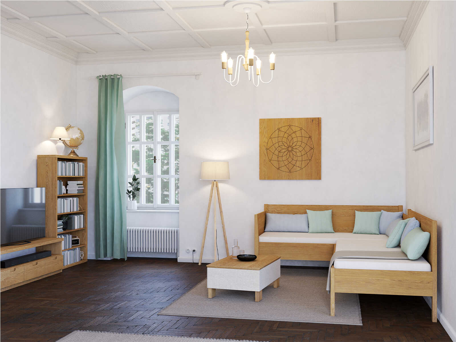 Wohnzimmer mit TV-Lowboard „Lukas“ aus Massivholz