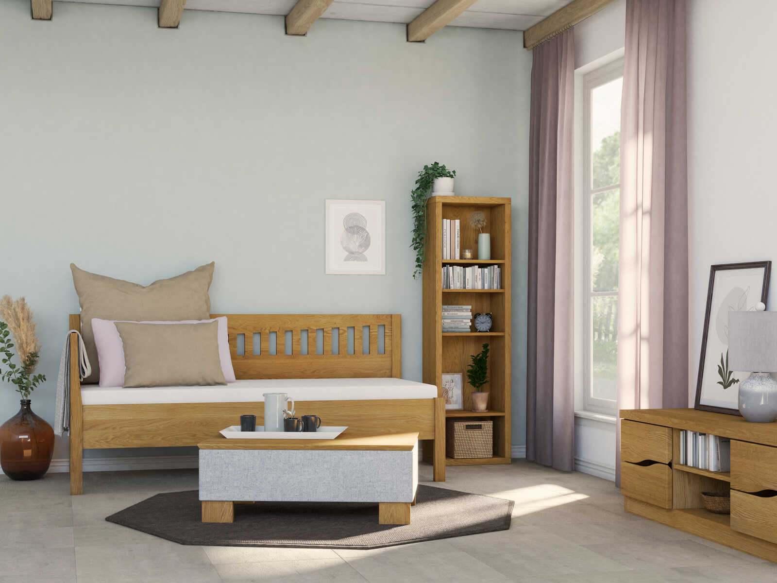 Wohnzimmer mit Lowboard / TV-Board „Astrid“ aus Eiche