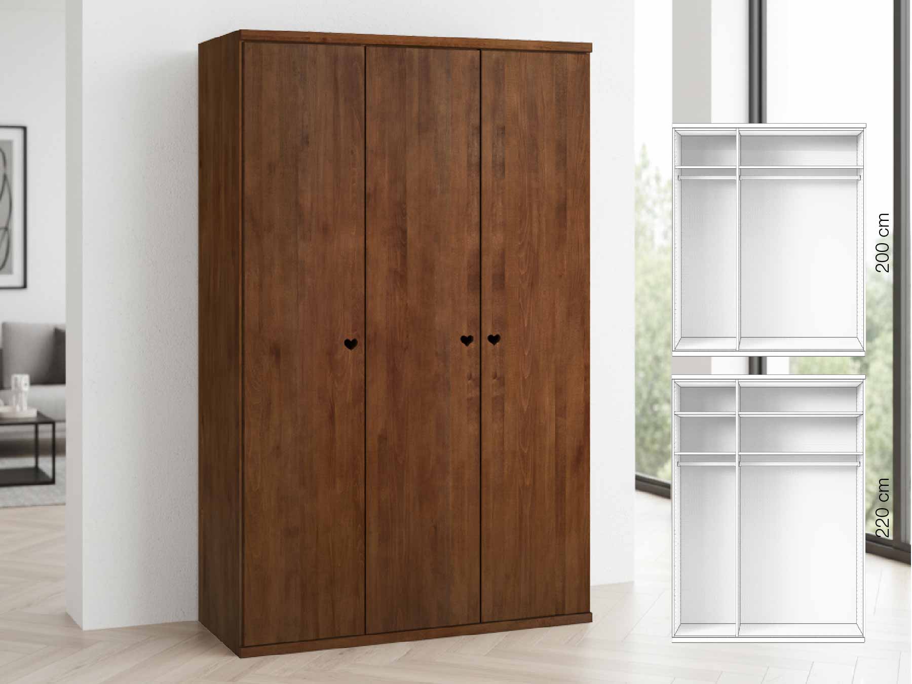 Buchenschrank Dunkel „Romana“, 3-türig, Höhe 220 cm, Griffausführung „Heidi“, Inneneinrichtung: A