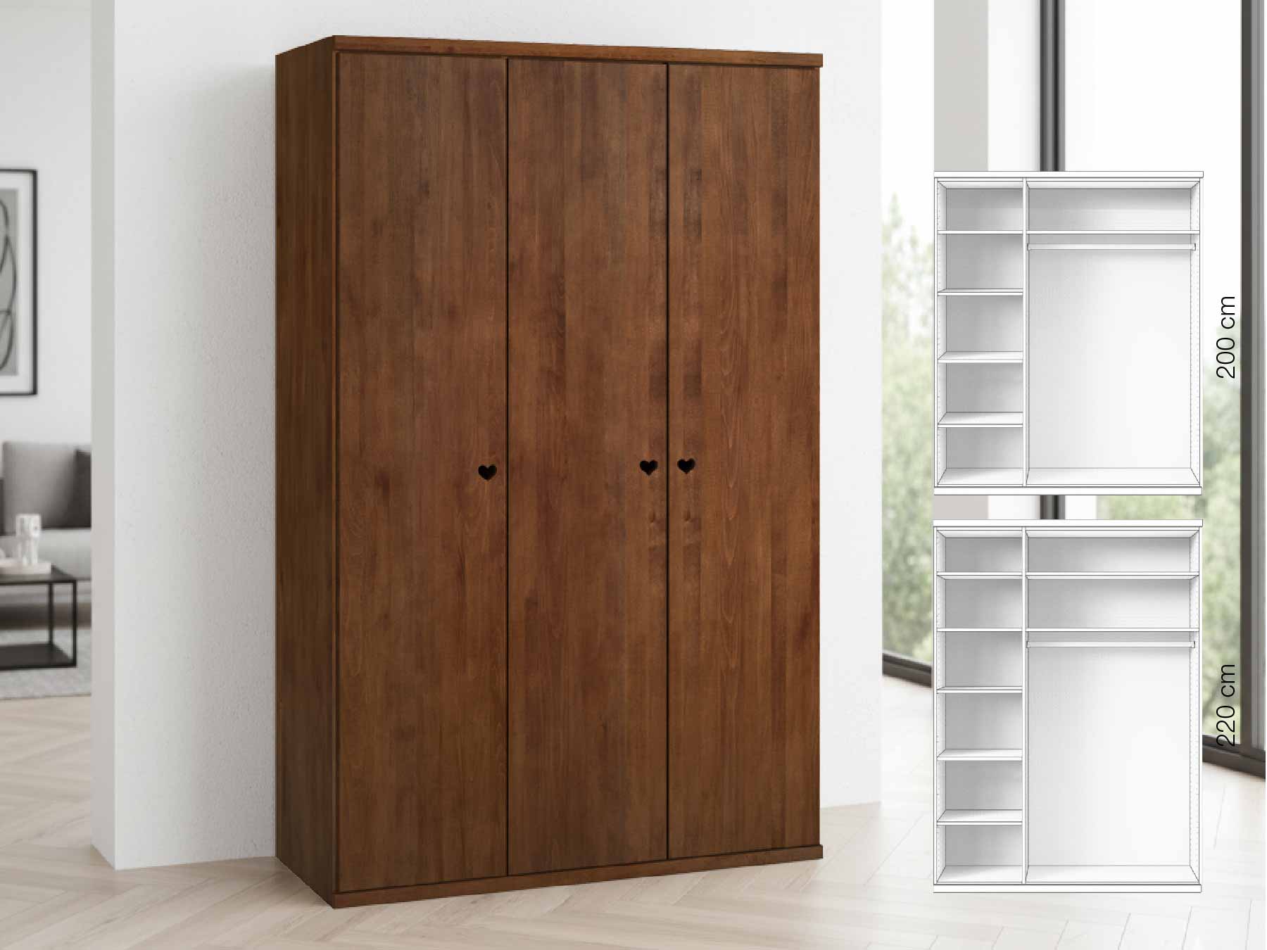 Buchenschrank Dunkel „Romana“, 3-türig, Höhe 220 cm, Griffausführung „Heidi“, Inneneinrichtung: B