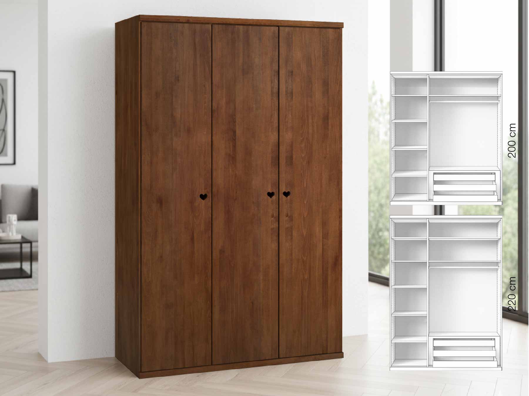 Buchenschrank Dunkel „Romana“, 3-türig, Höhe 220 cm, Griffausführung „Heidi“, Inneneinrichtung: C