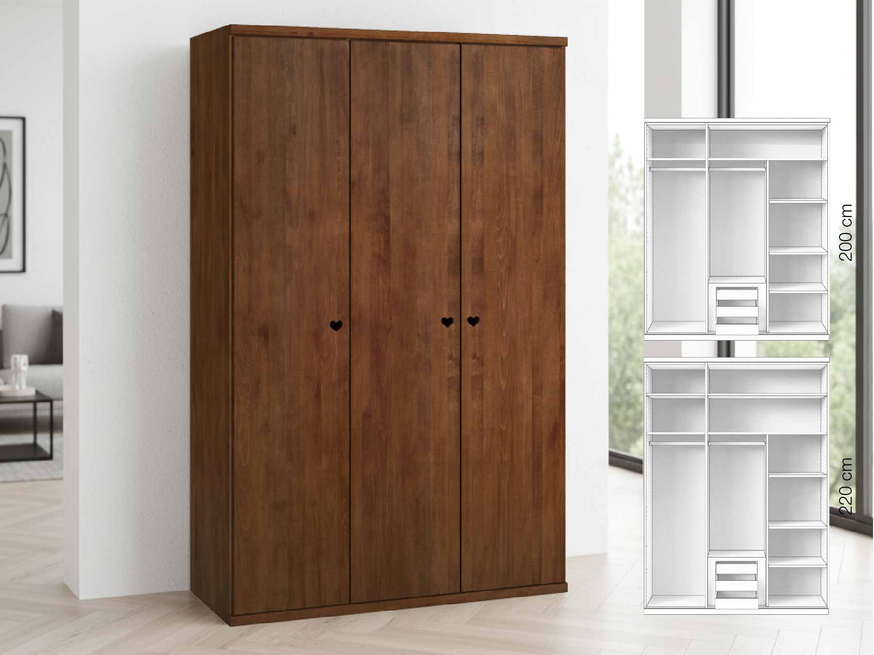 Buchenschrank Dunkel „Romana“, 3-türig, Höhe 220 cm, Griffausführung „Heidi“, Inneneinrichtung: D