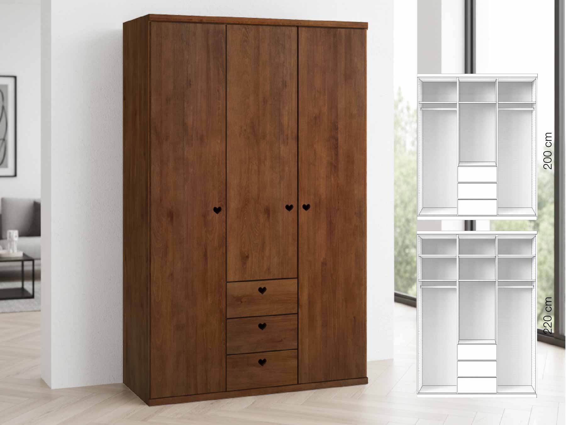 Buchenschrank Dunkel „Romana“, 3-türig, Höhe 220 cm, Griffausführung „Heidi“, Inneneinrichtung: E