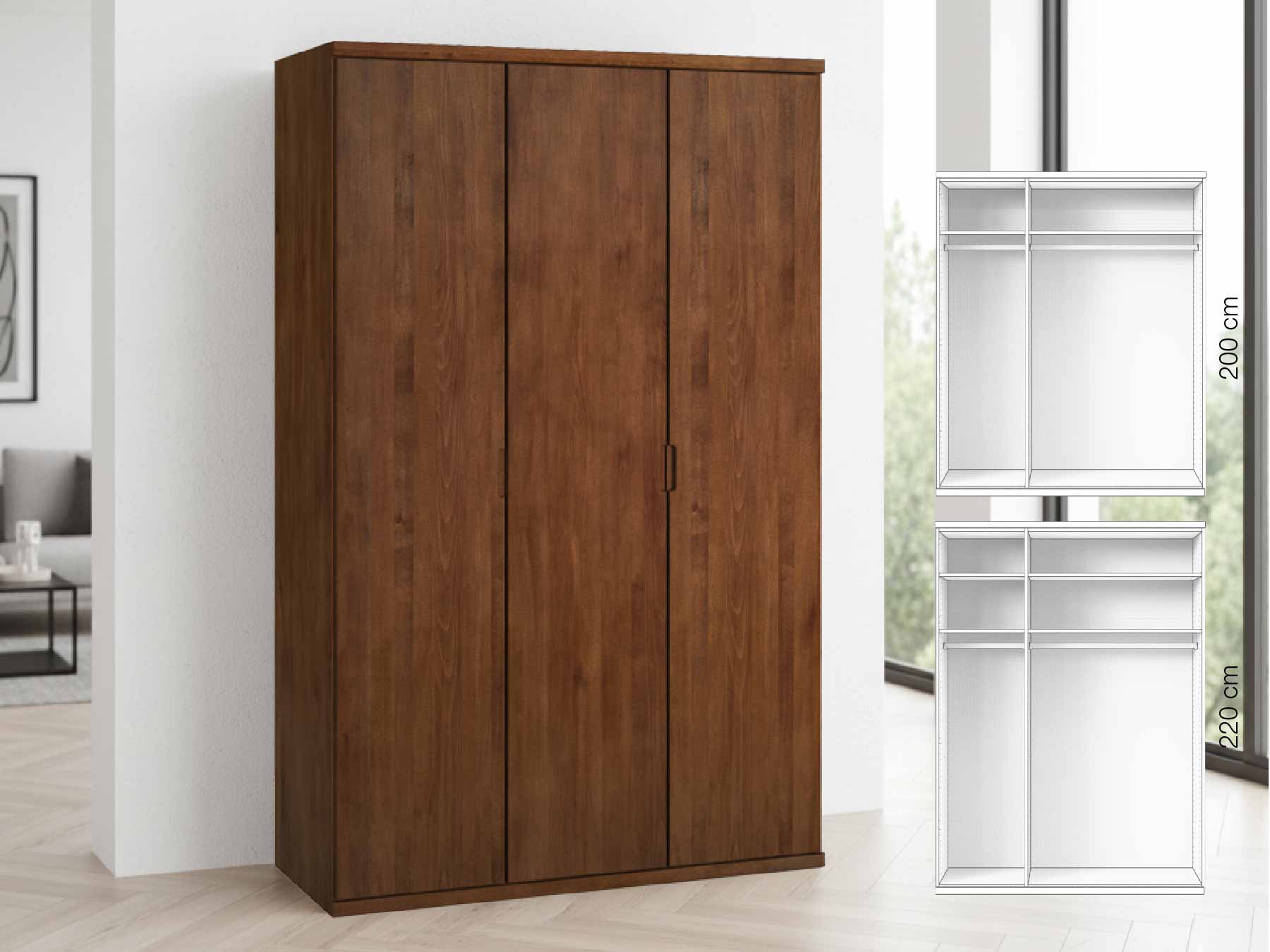 Buchenschrank Dunkel „Romana“, 3-türig, Höhe 220 cm, Griffausführung „Lukas“, Inneneinrichtung: A