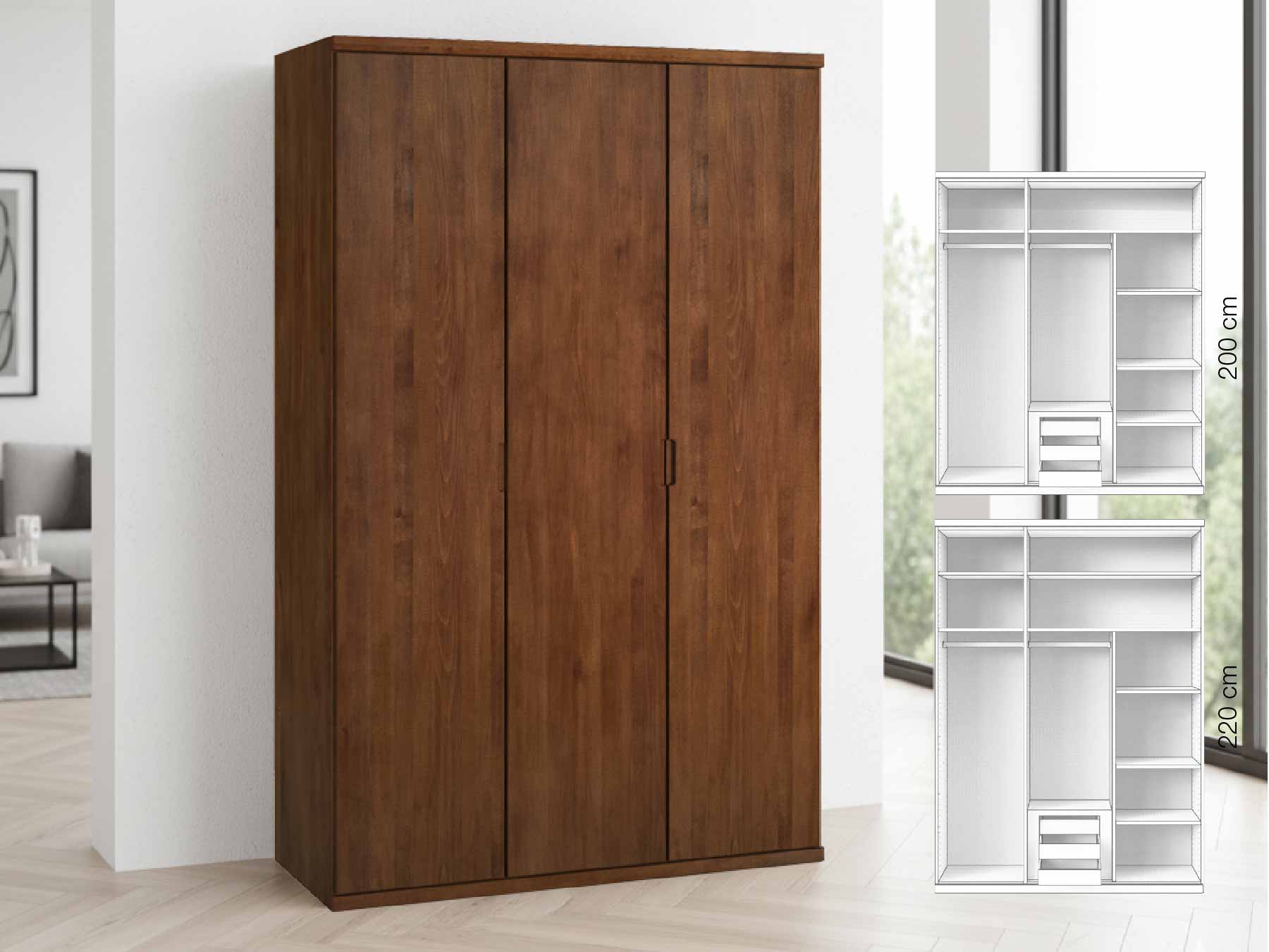 Buchenschrank Dunkel „Romana“, 3-türig, Höhe 220 cm, Griffausführung „Lukas“, Inneneinrichtung: D