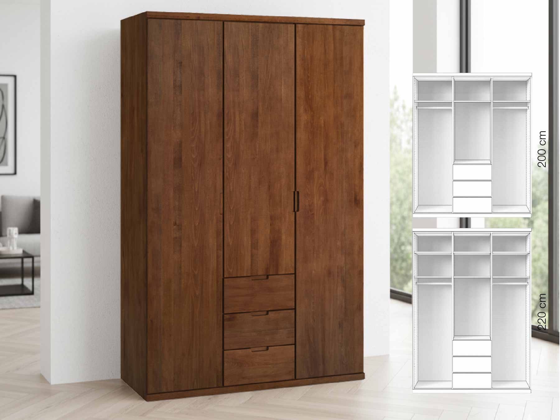 Buchenschrank Dunkel „Romana“, 3-türig, Höhe 220 cm, Griffausführung „Lukas“, Inneneinrichtung: E