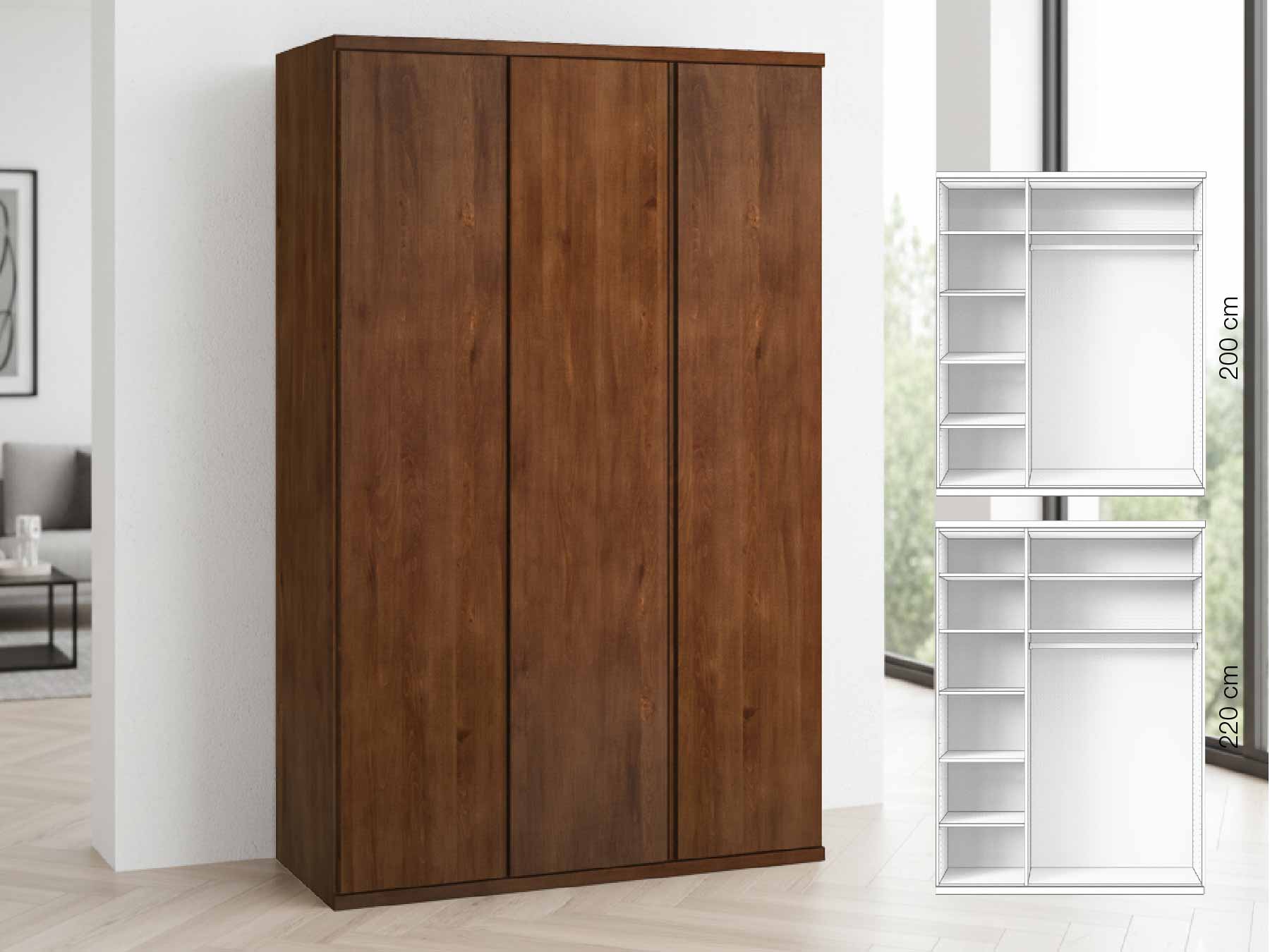 Buchenschrank Dunkel „Romana“, 3-türig, Höhe 220 cm, Griffausführung „Patrizia“, Inneneinrichtung: B