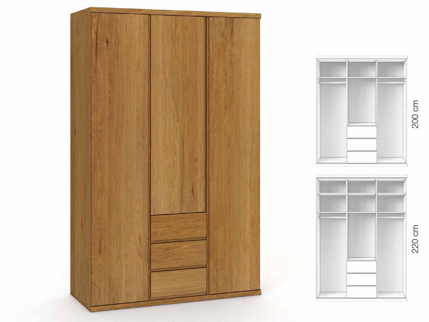 Eichenschrank „Romana“, 3-türig, Höhe 220 cm, Griffausführung „Patrizia“, Inneneinrichtung: E